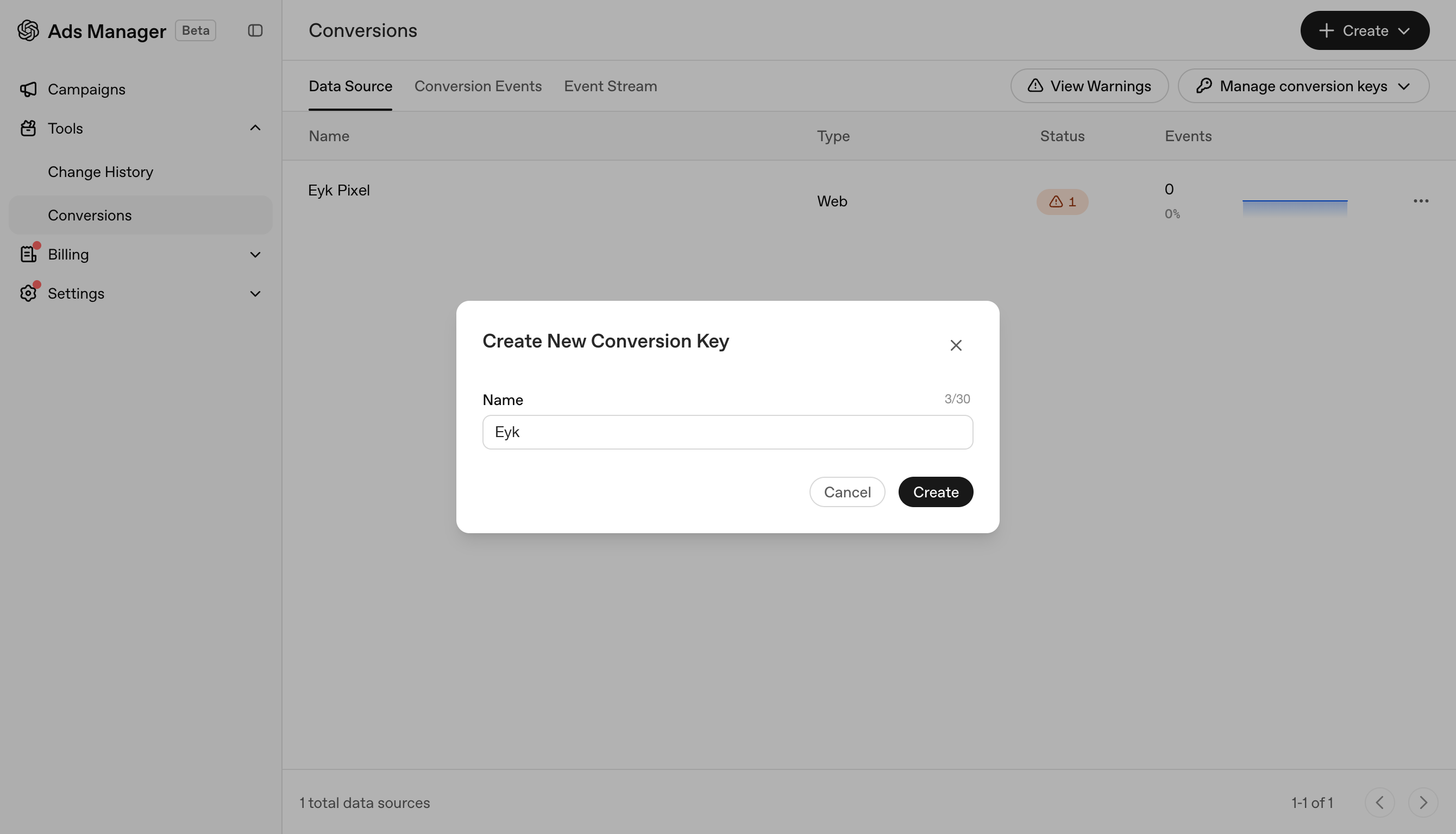 Create new conversion key dialog