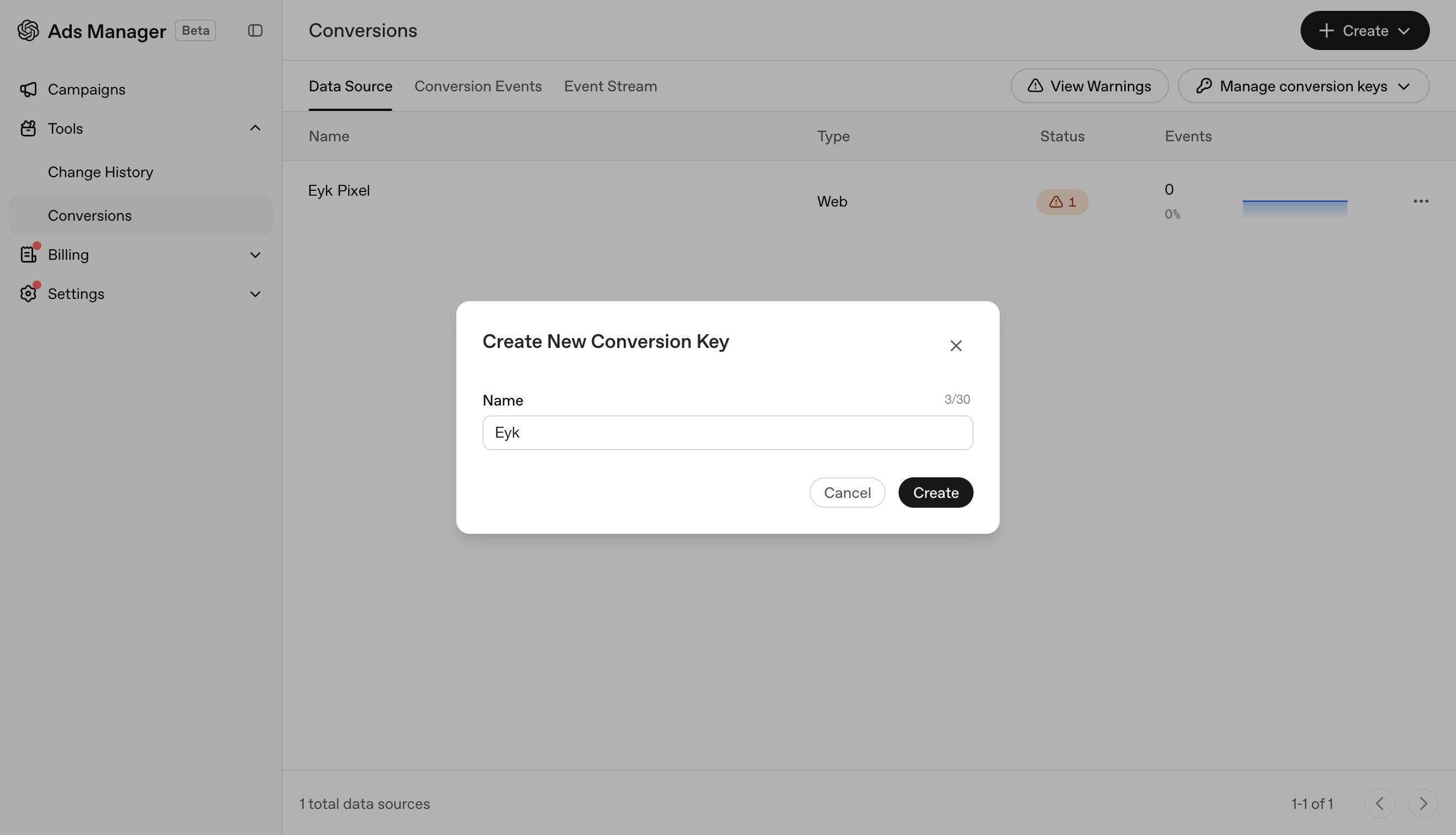 Create new conversion key dialog