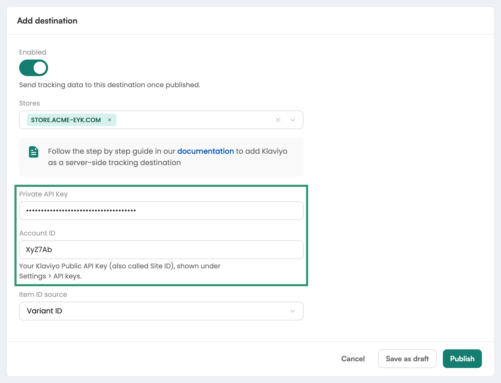 Klaviyo destination form in Eyk with the Private API Key and Account ID fields