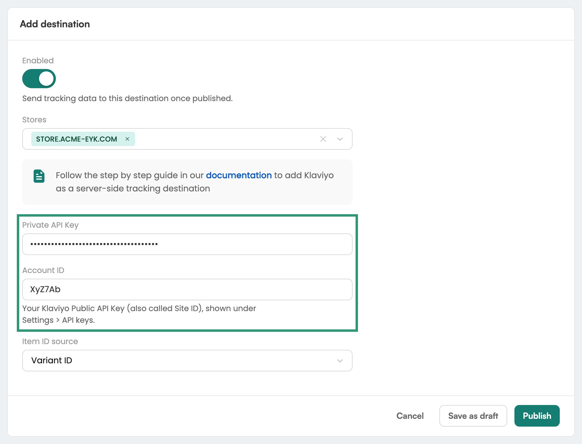 Klaviyo destination form in Eyk with the Private API Key and Account ID fields