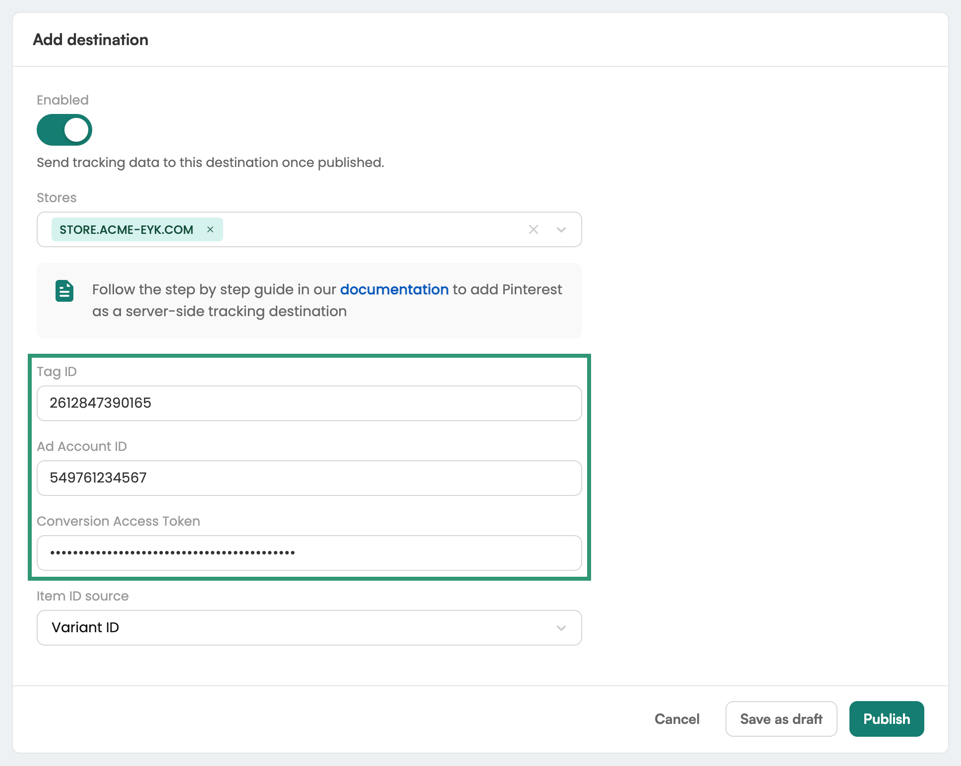 Pinterest destination form in Eyk with the Tag ID, Ad Account ID and Conversion Access Token fields