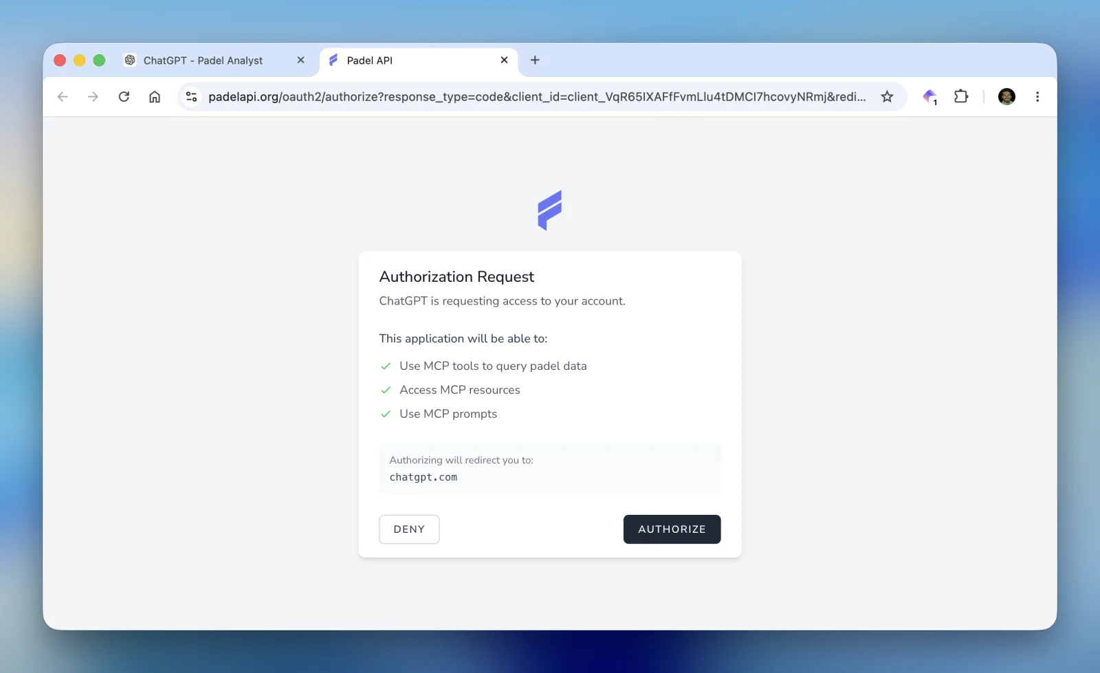 Padel API authorization request screen granting ChatGPT access to MCP tools, resources and prompts