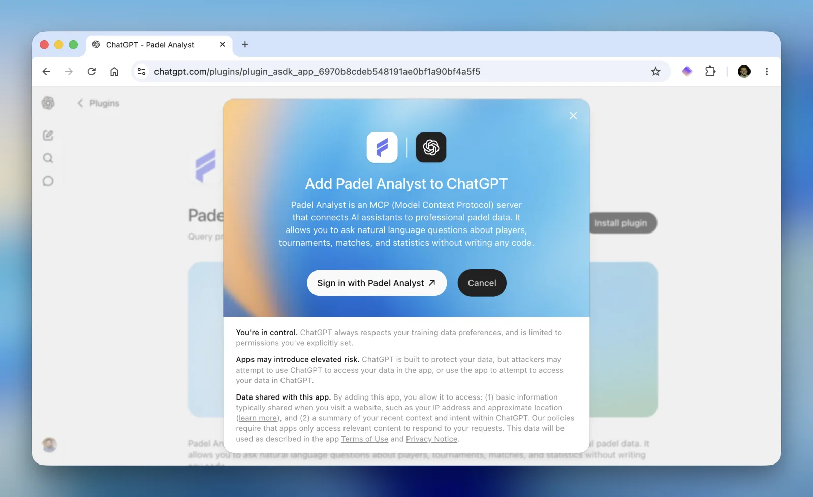 Add Padel Analyst to ChatGPT dialog with the Sign in with Padel Analyst button