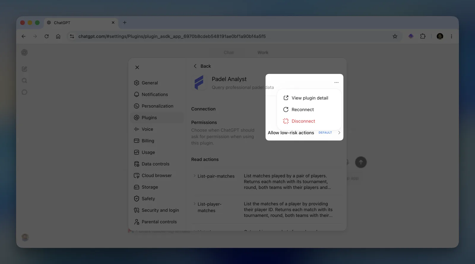 Padel Analyst plugin settings in ChatGPT with the View plugin detail, Reconnect and Disconnect options
