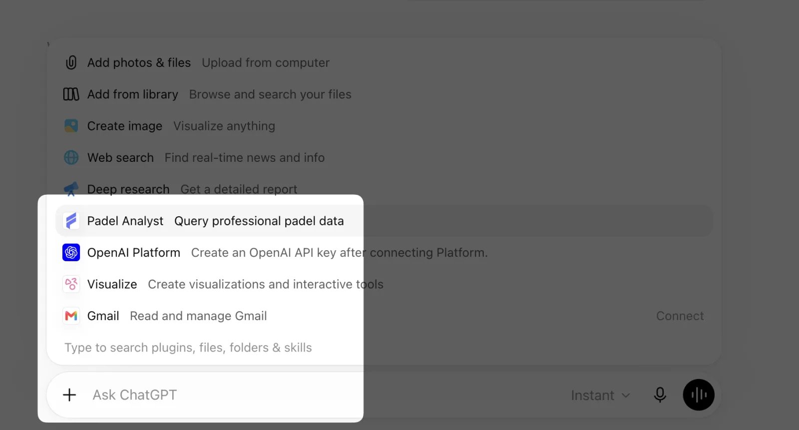 Selecting Padel Analyst from the plus menu in ChatGPT