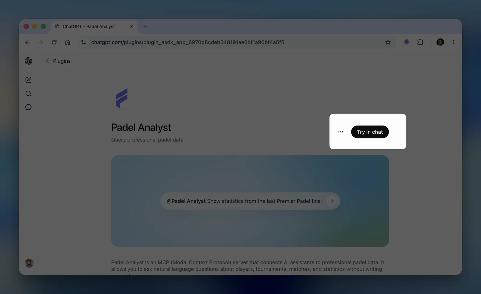 Padel Analyst app page in ChatGPT showing the Try in chat button after installation