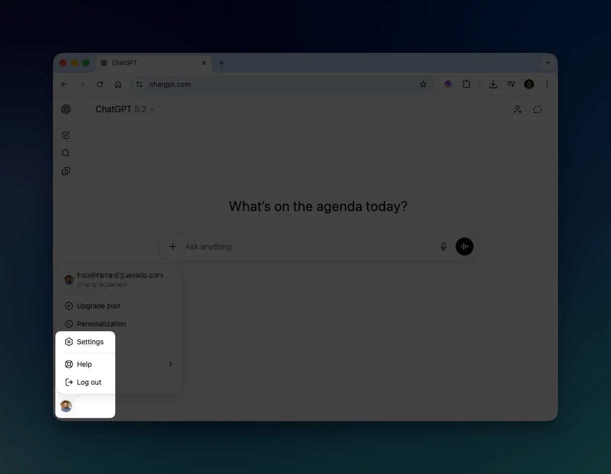 ChatGPT settings menu