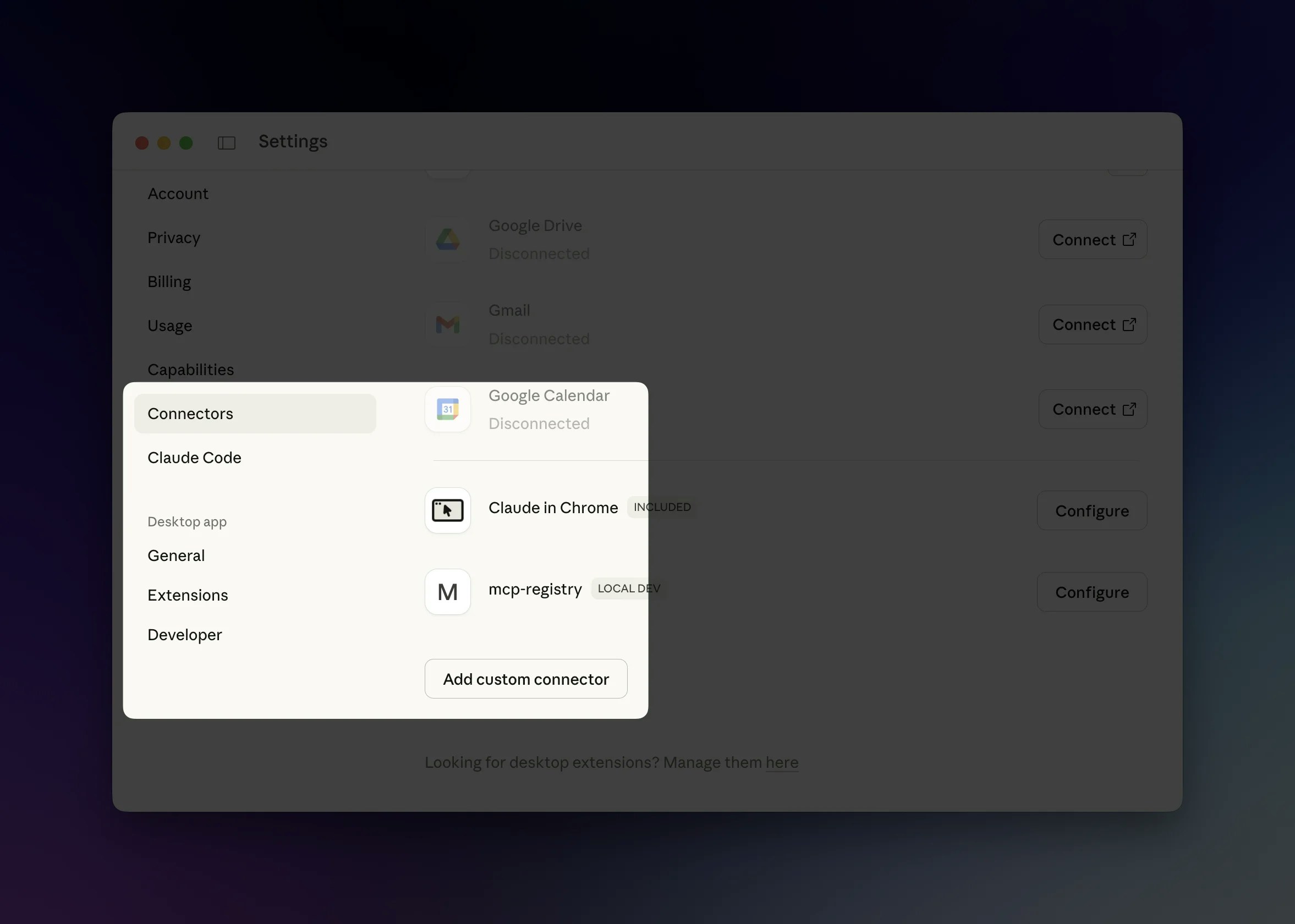 Connectors settings page