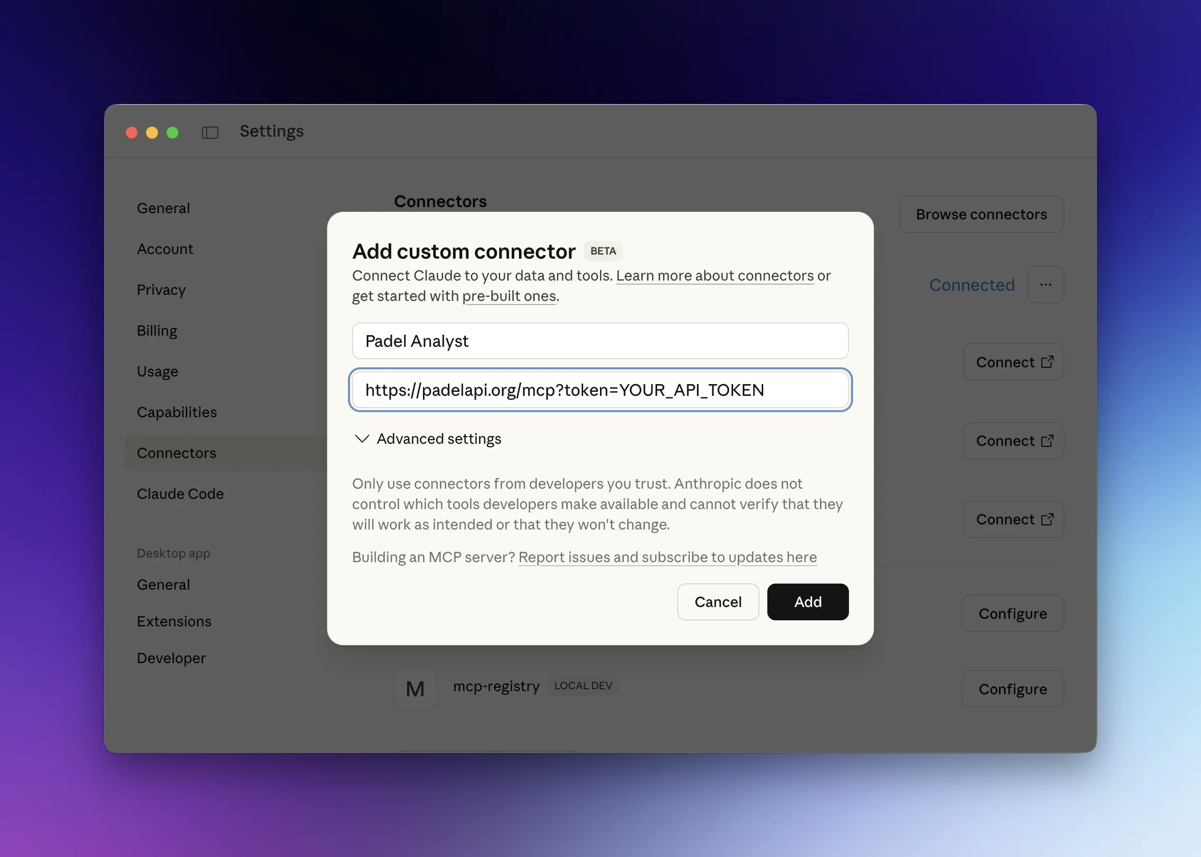 Add custom connector dialog