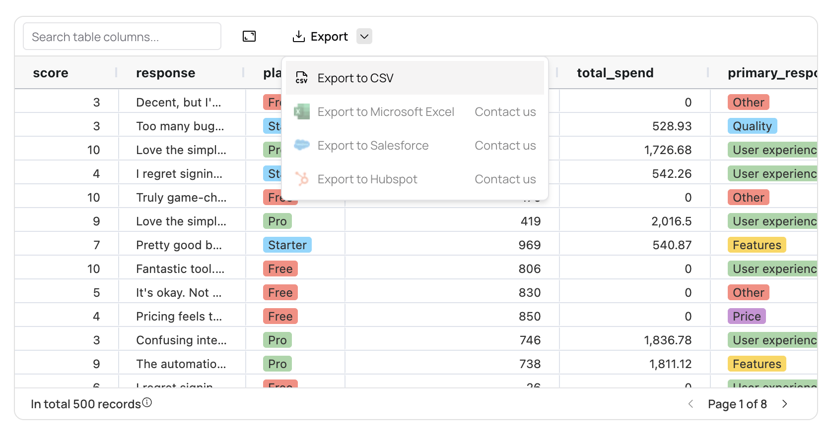 Export CSV functionality