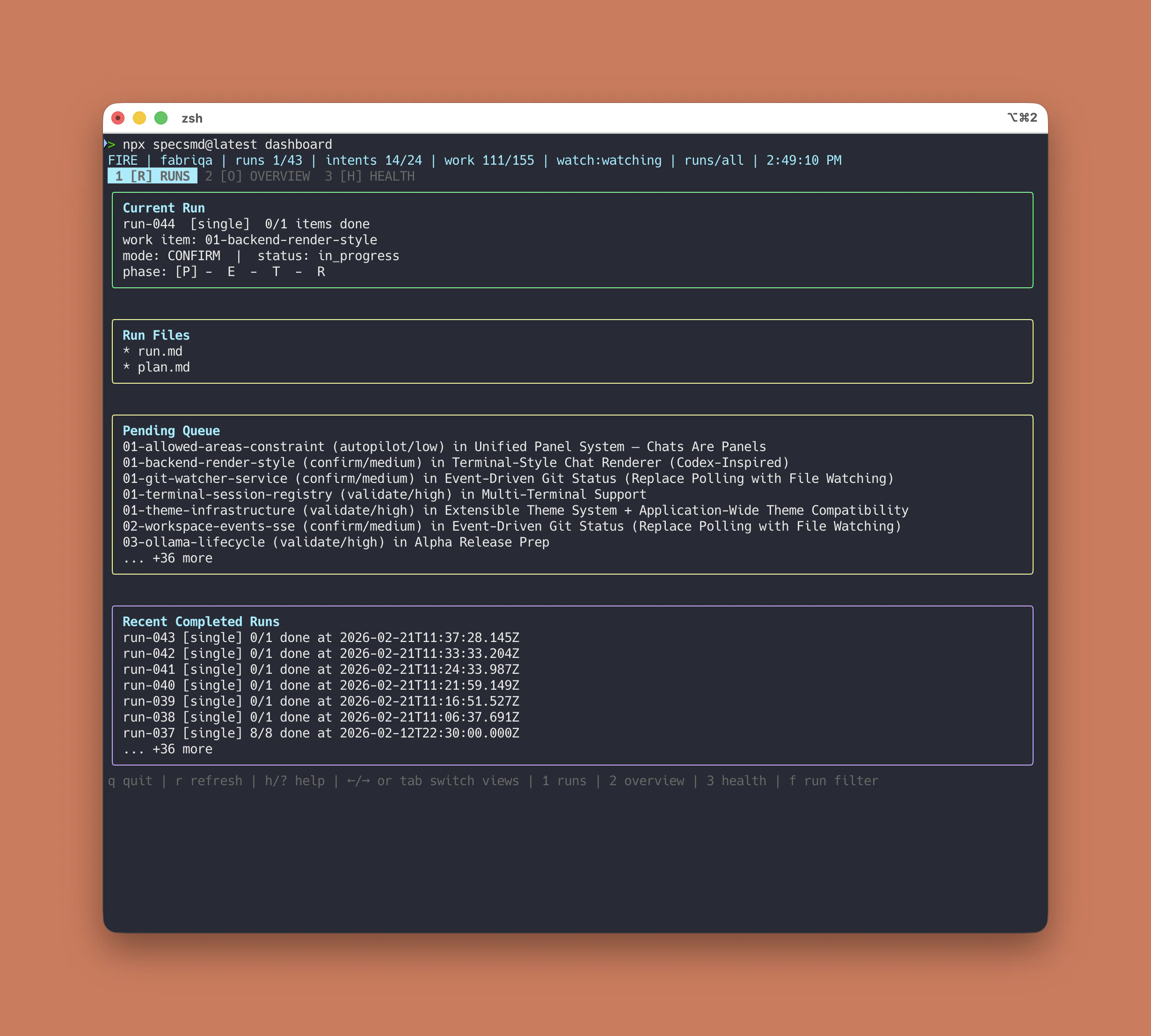 CLI Dashboard Git Changes tab with commit diff preview