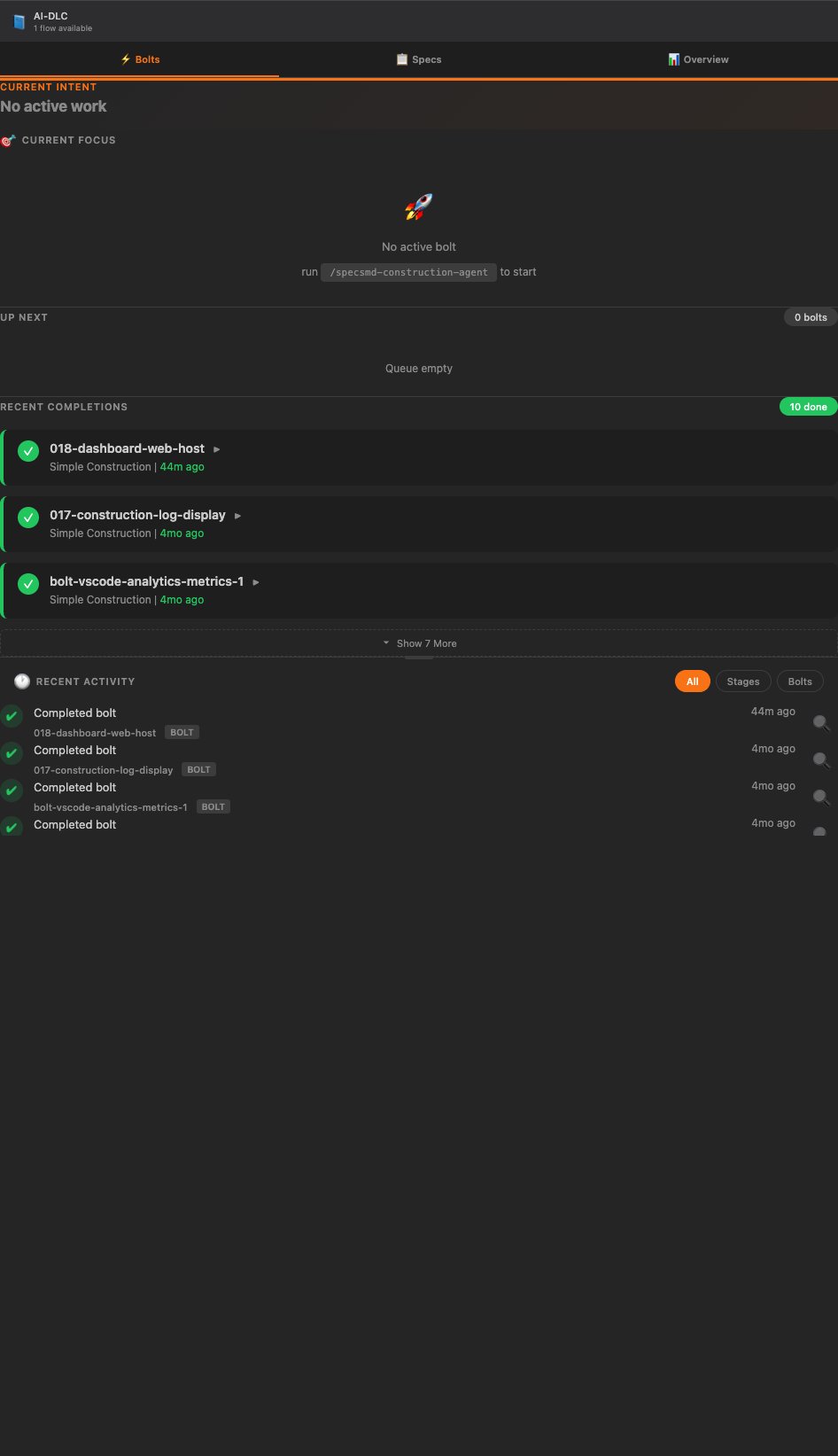 SpecsMD web dashboard Bolts view showing current focus, completed bolts, and recent activity