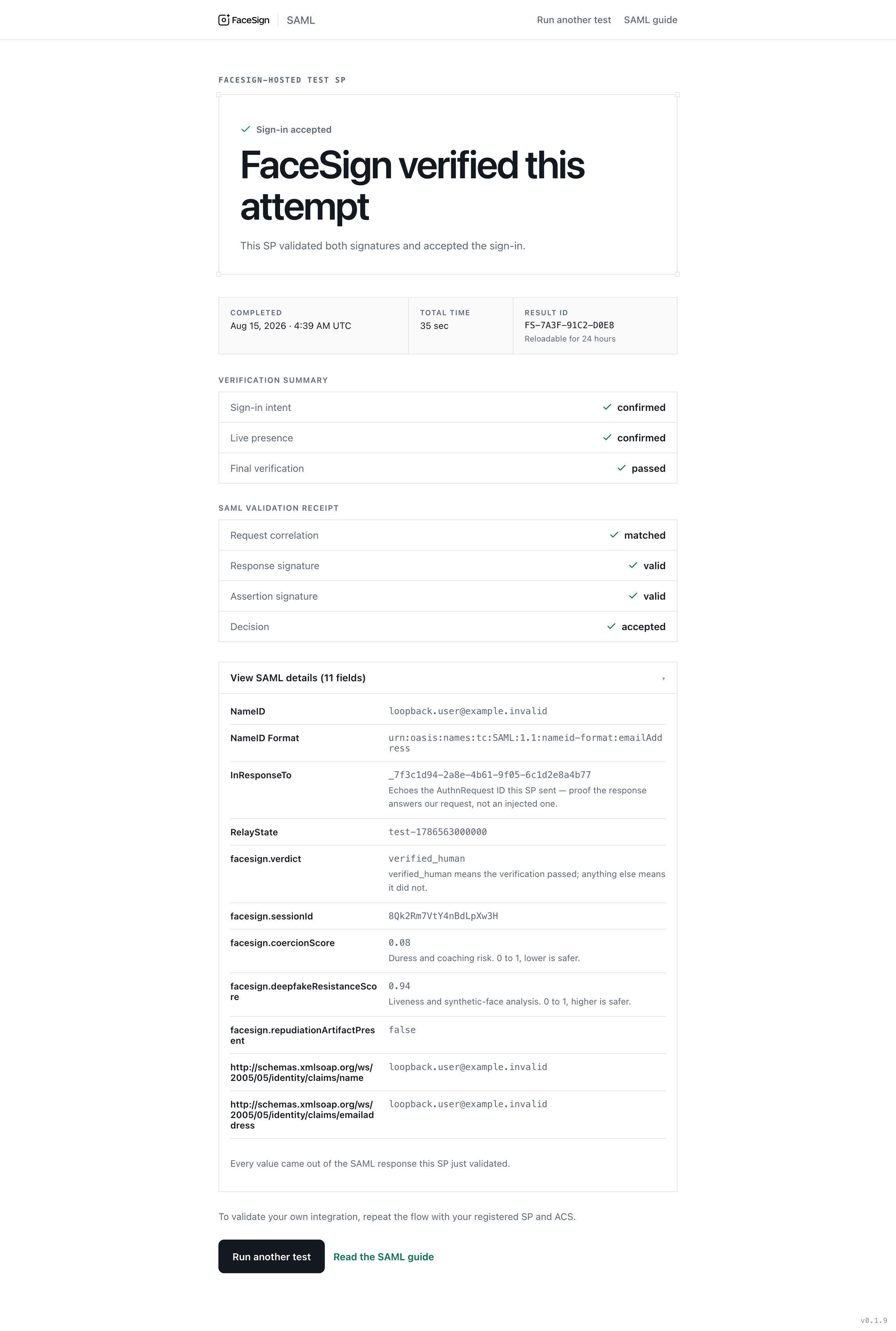 Accepted result recap: a Sign-in accepted statement, session summary and Result ID, verification summary, SAML validation receipt, and expanded protocol fields