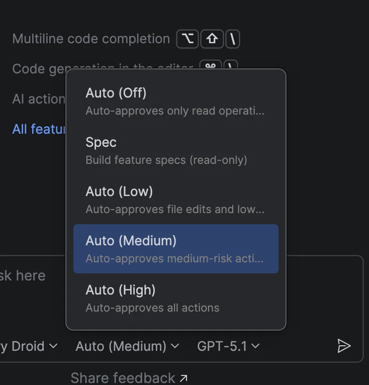 AI Chat footer showing autonomy dropdown expanded