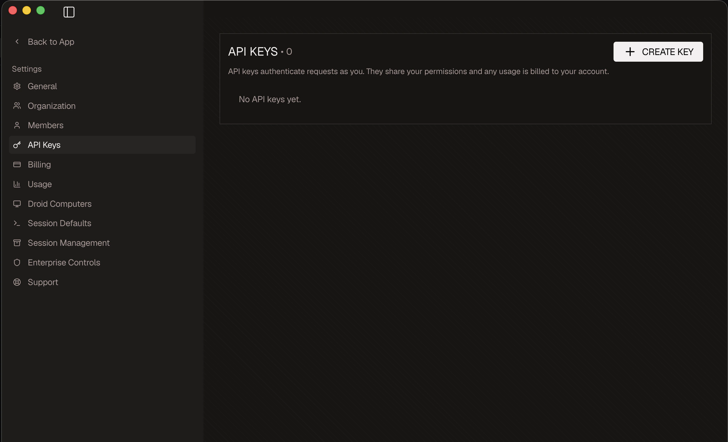 Factory API keys settings page