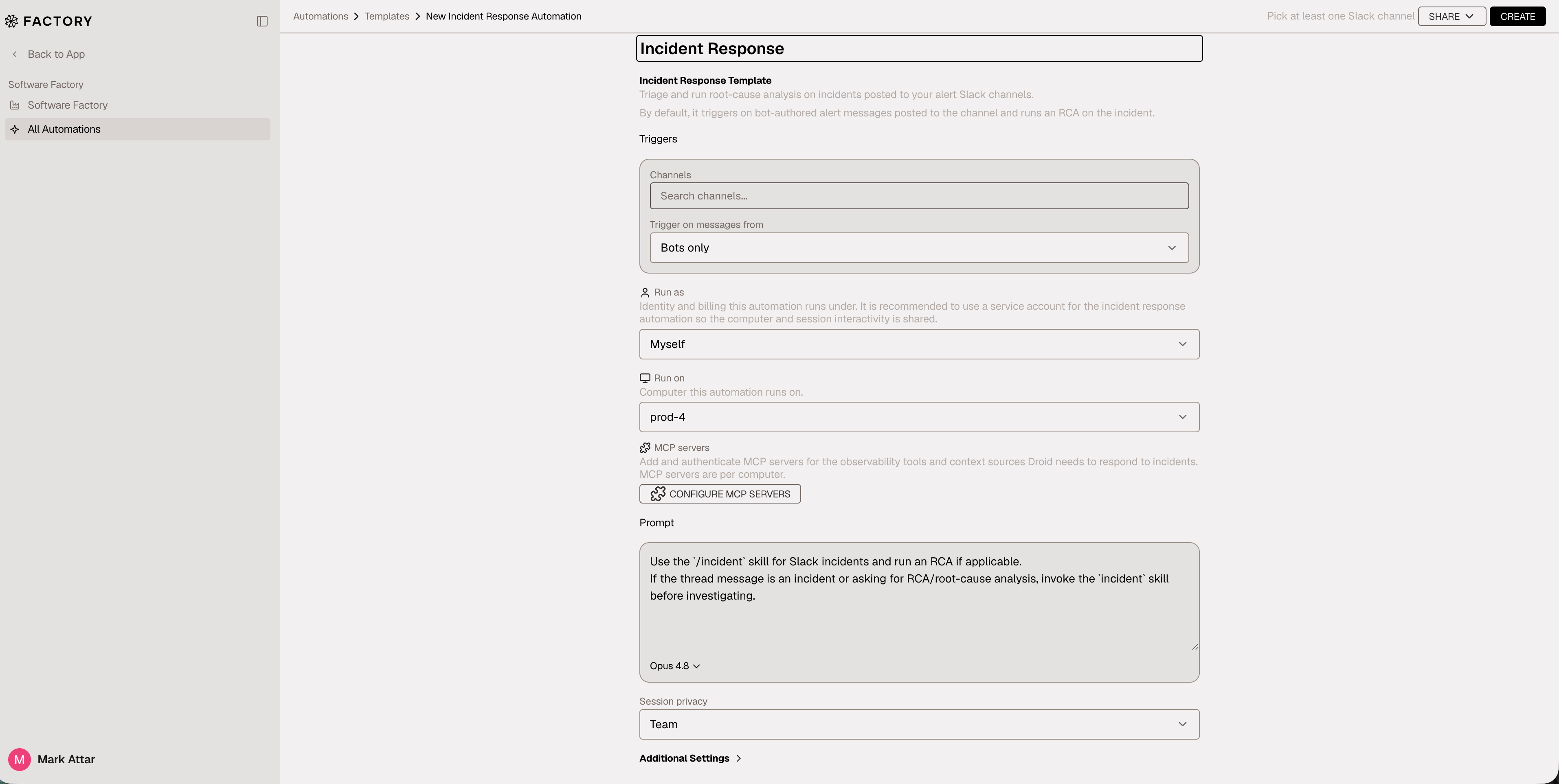 New Incident Response automation form