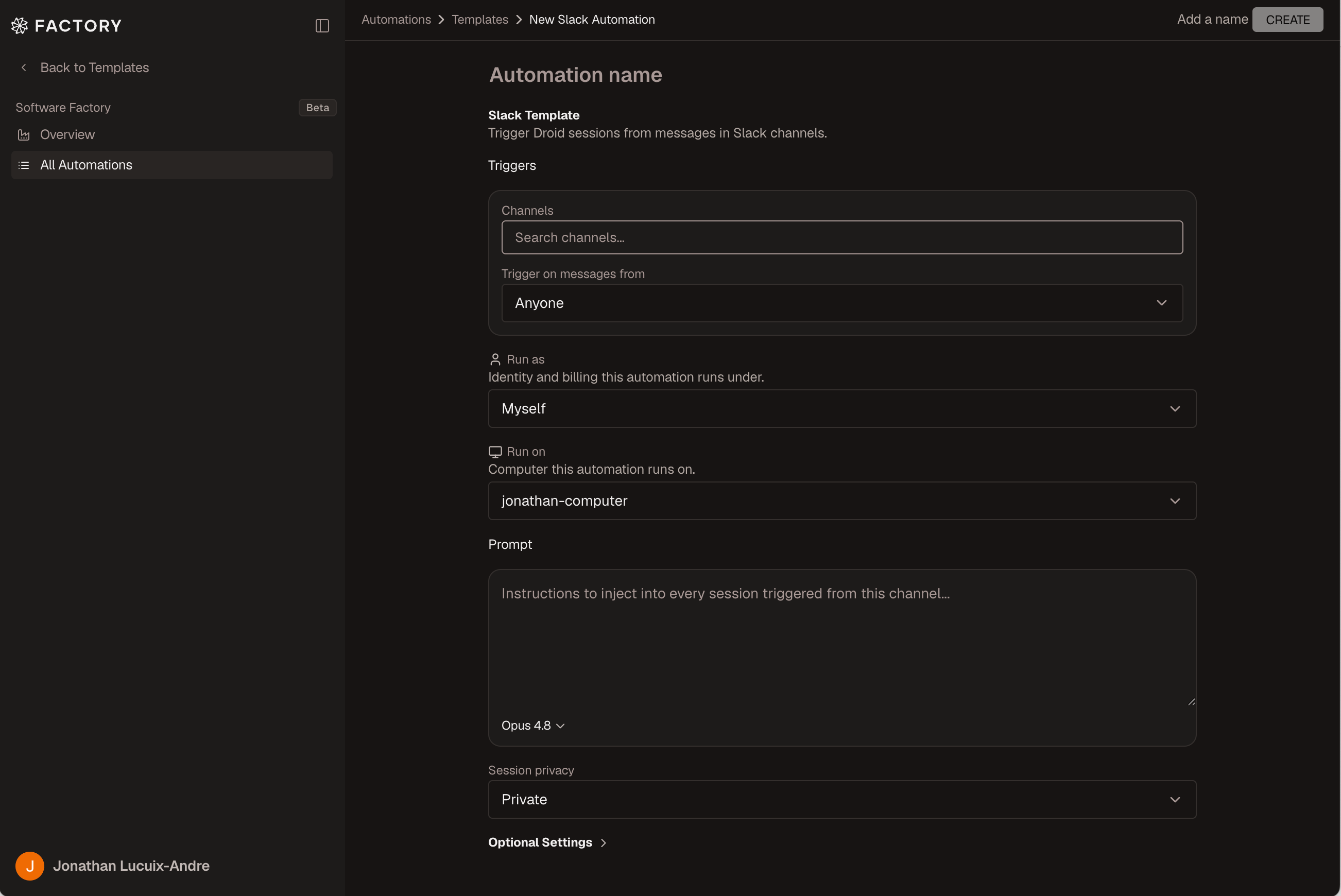 Slack automation create form