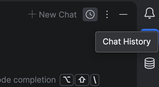 過去のFactory Droidセッションが表示されたAI Chatセッション履歴ドロップダウン(時計アイコン)
