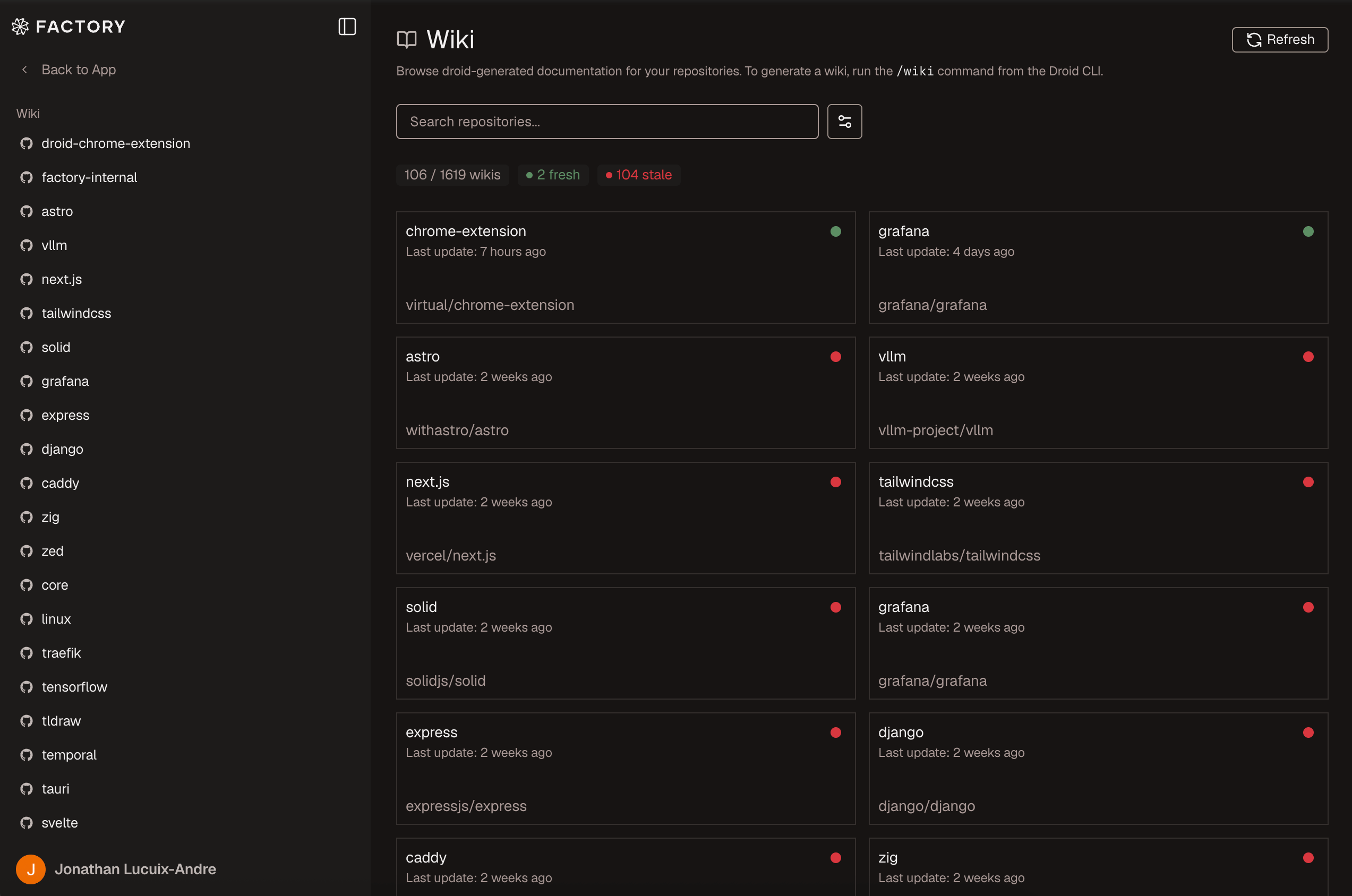 AutoWiki repository list in the Factory App