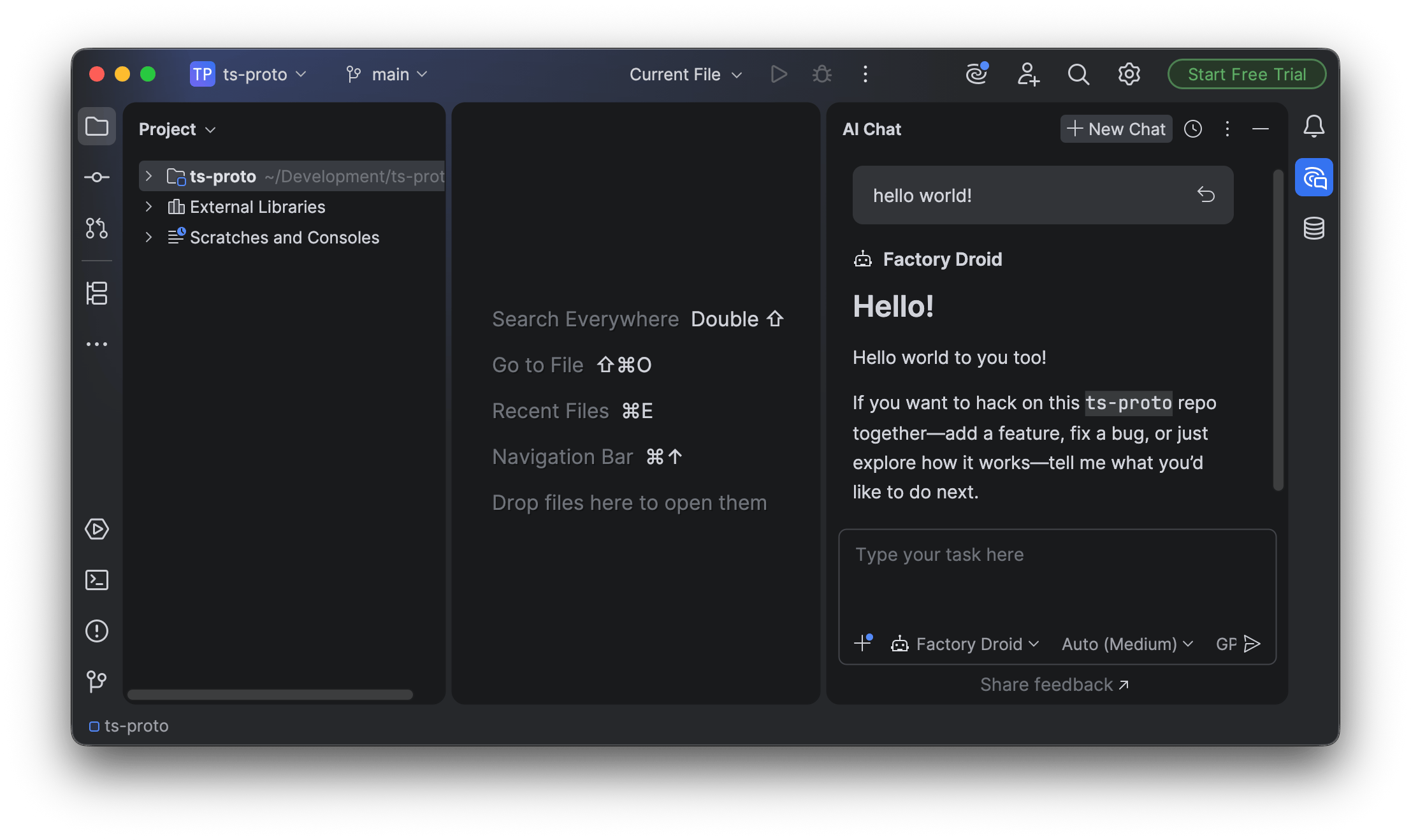 AI Chat panel with + New Chat clicked and Factory Droid selected in the bottom-left dropdown