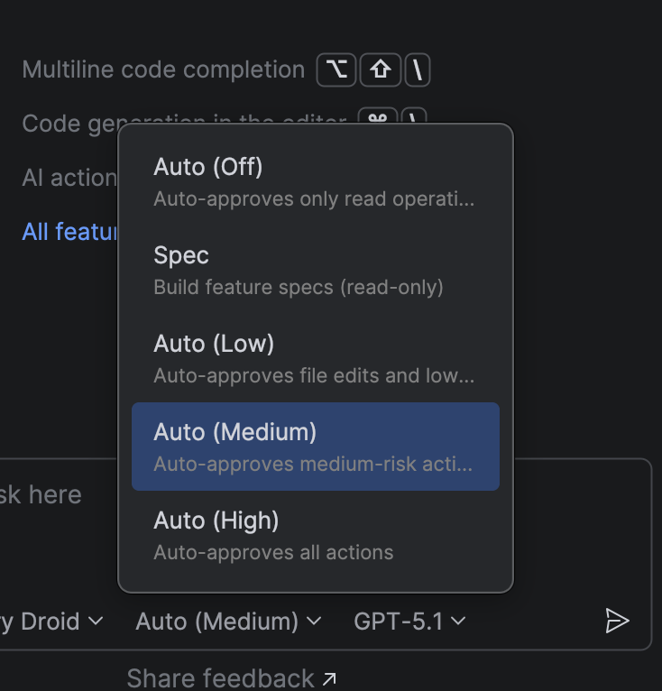 AI Chat footer showing autonomy dropdown expanded