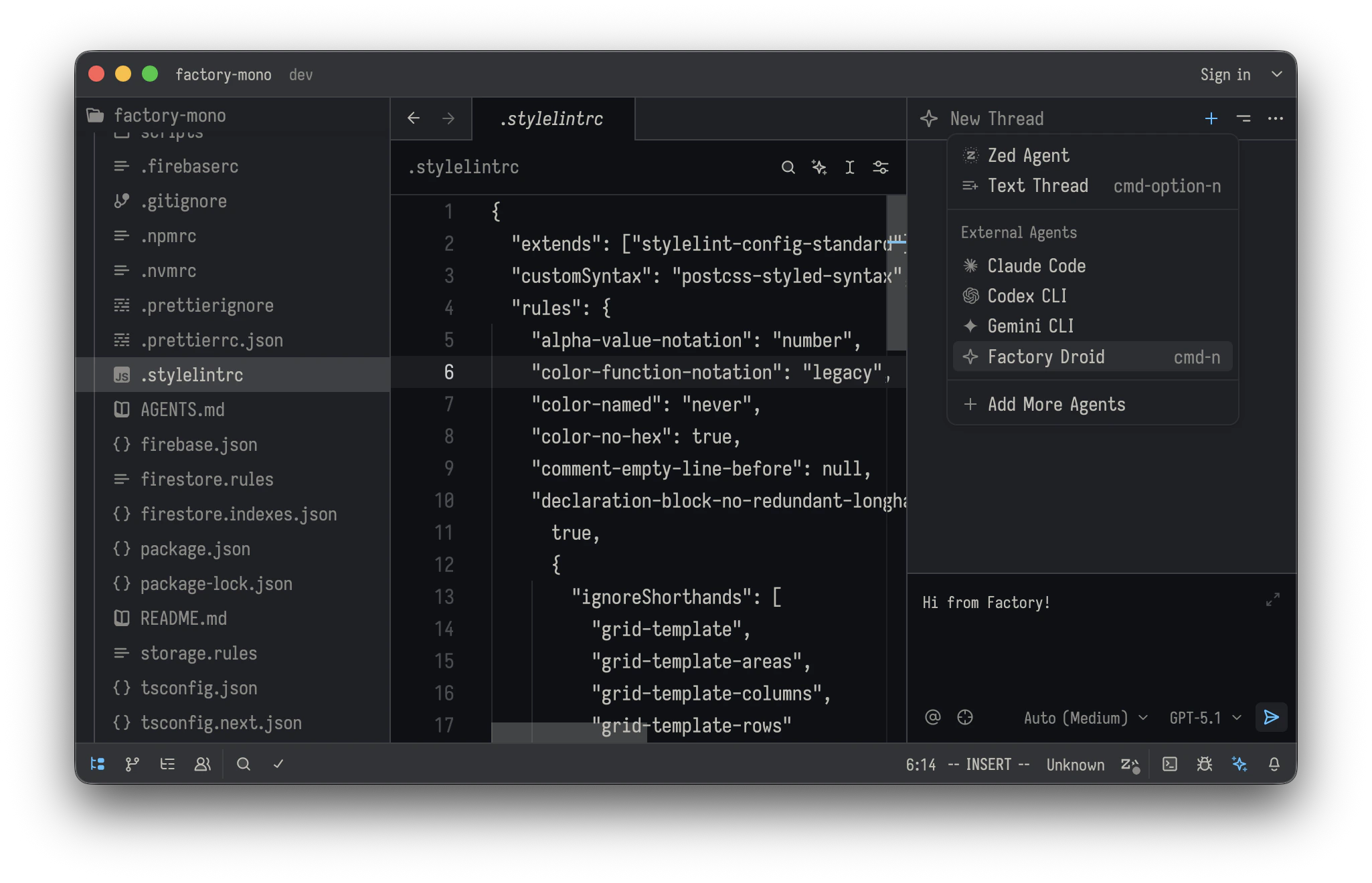 Zed Agent Panel with + button highlighted and Factory Droid selected in the agent dropdown