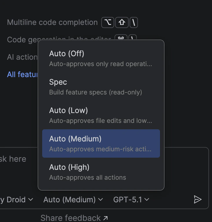 AI Chat footer showing autonomy dropdown expanded