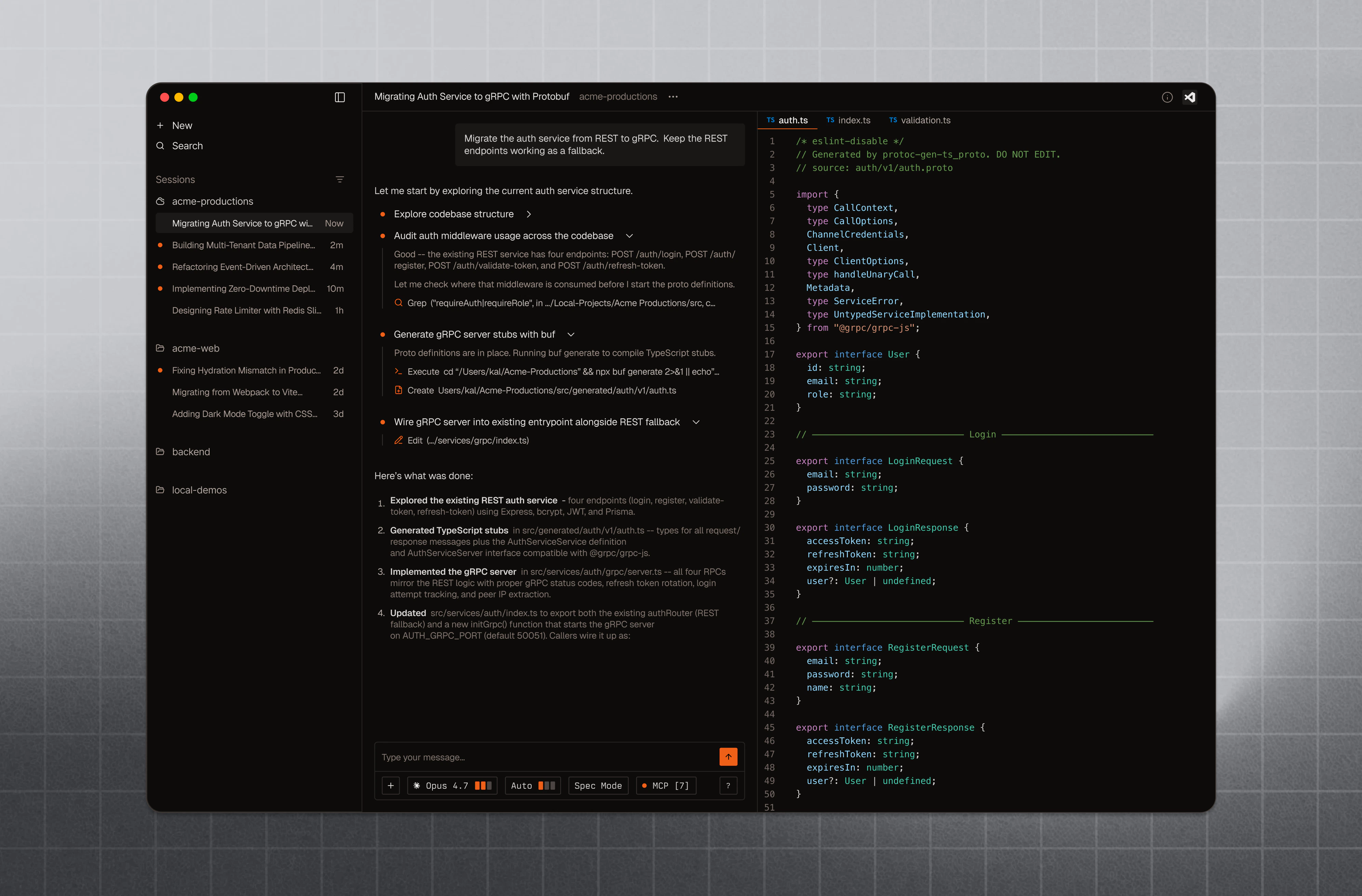 Factory App with Droid sessions, chat, and code editor