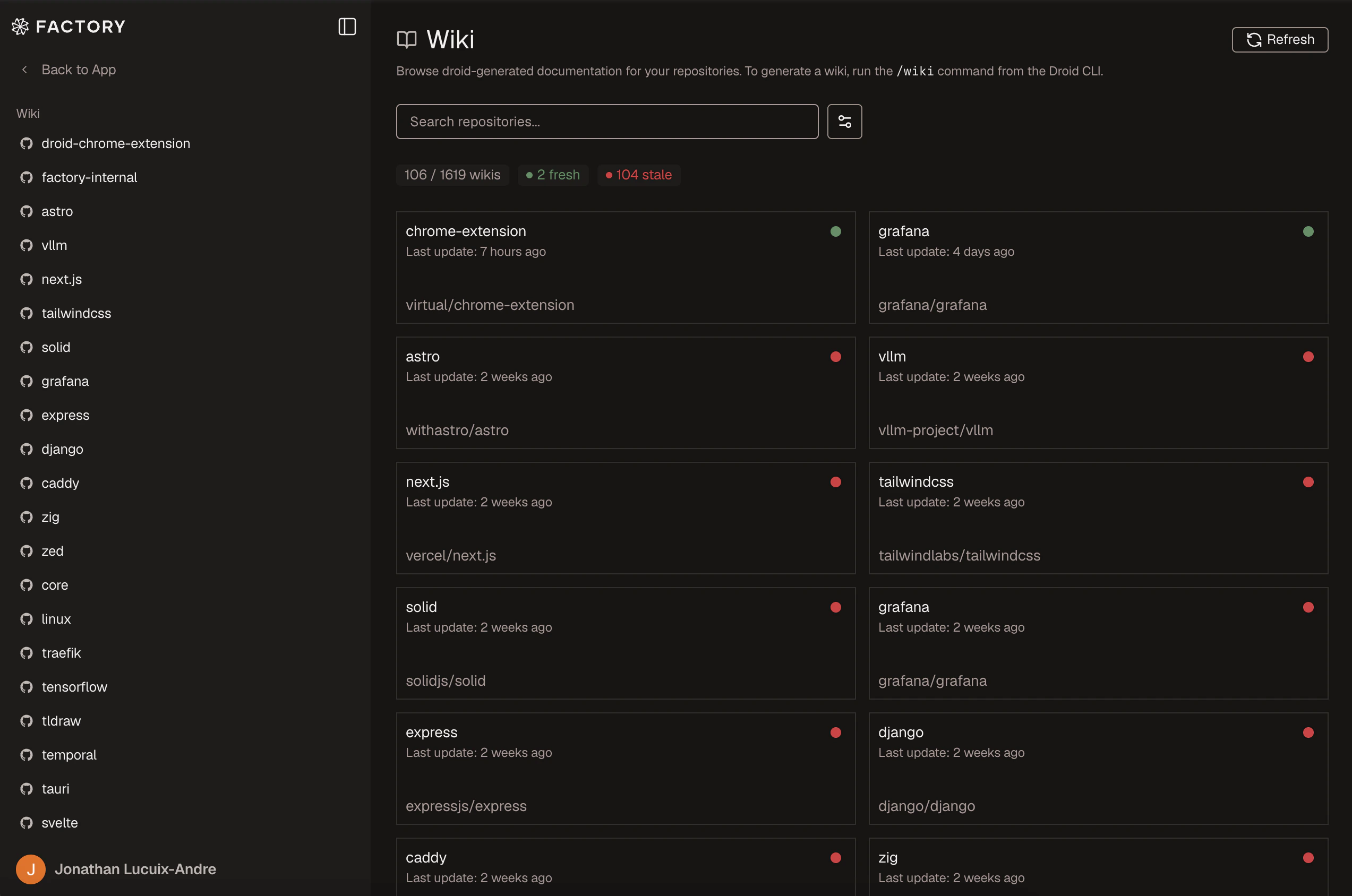 AutoWiki repository list in the Factory App