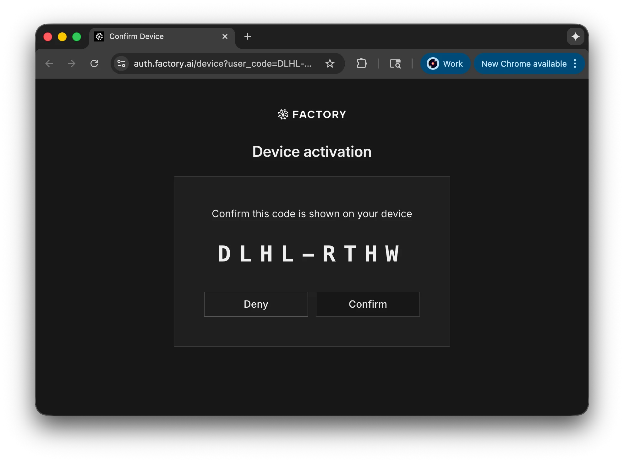 Factory web authentication screen prompting for device code confirmation