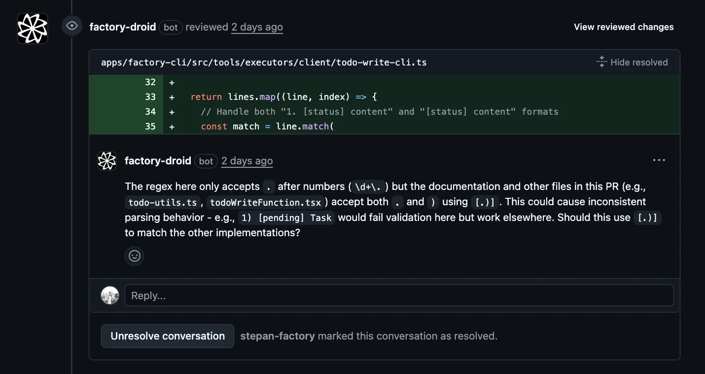 Factory Droid bot posting inline code review comment on specific lines