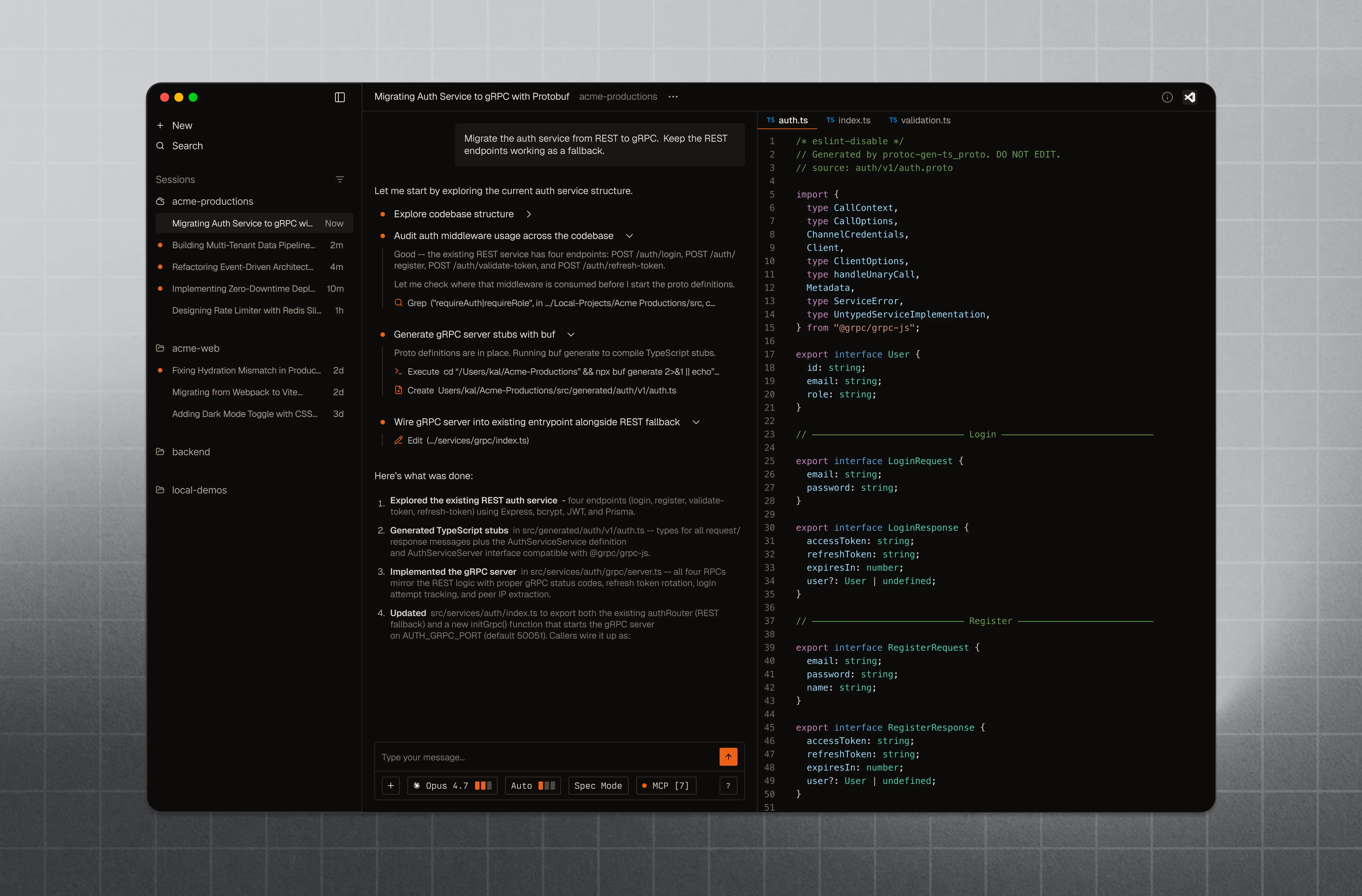 Factory App with Droid sessions, chat, and code editor