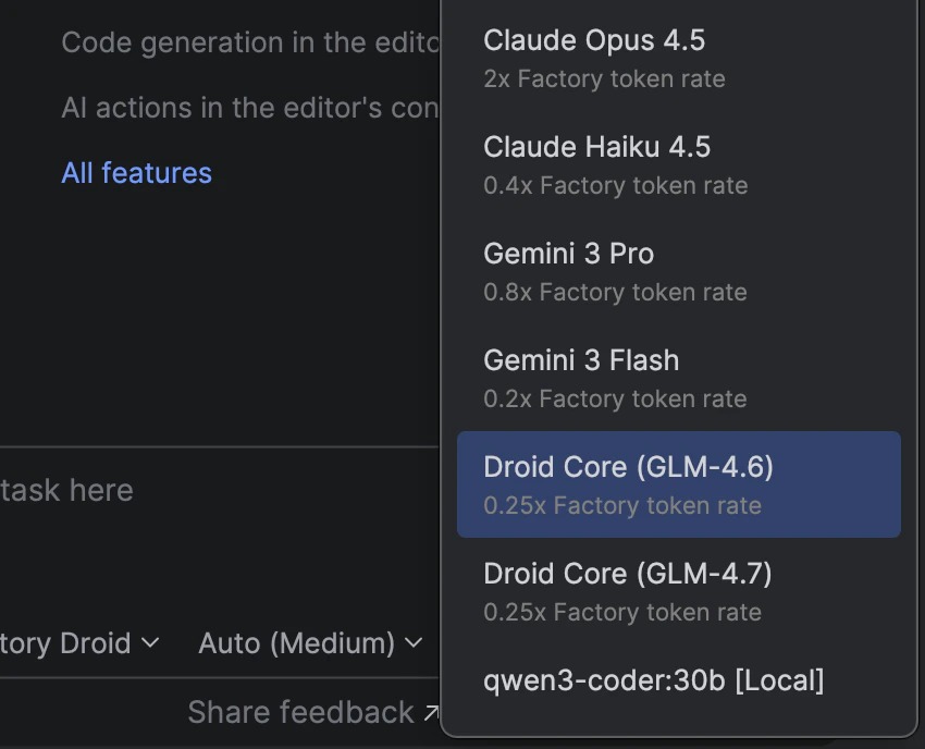 AI Chat footer showing model dropdown expanded
