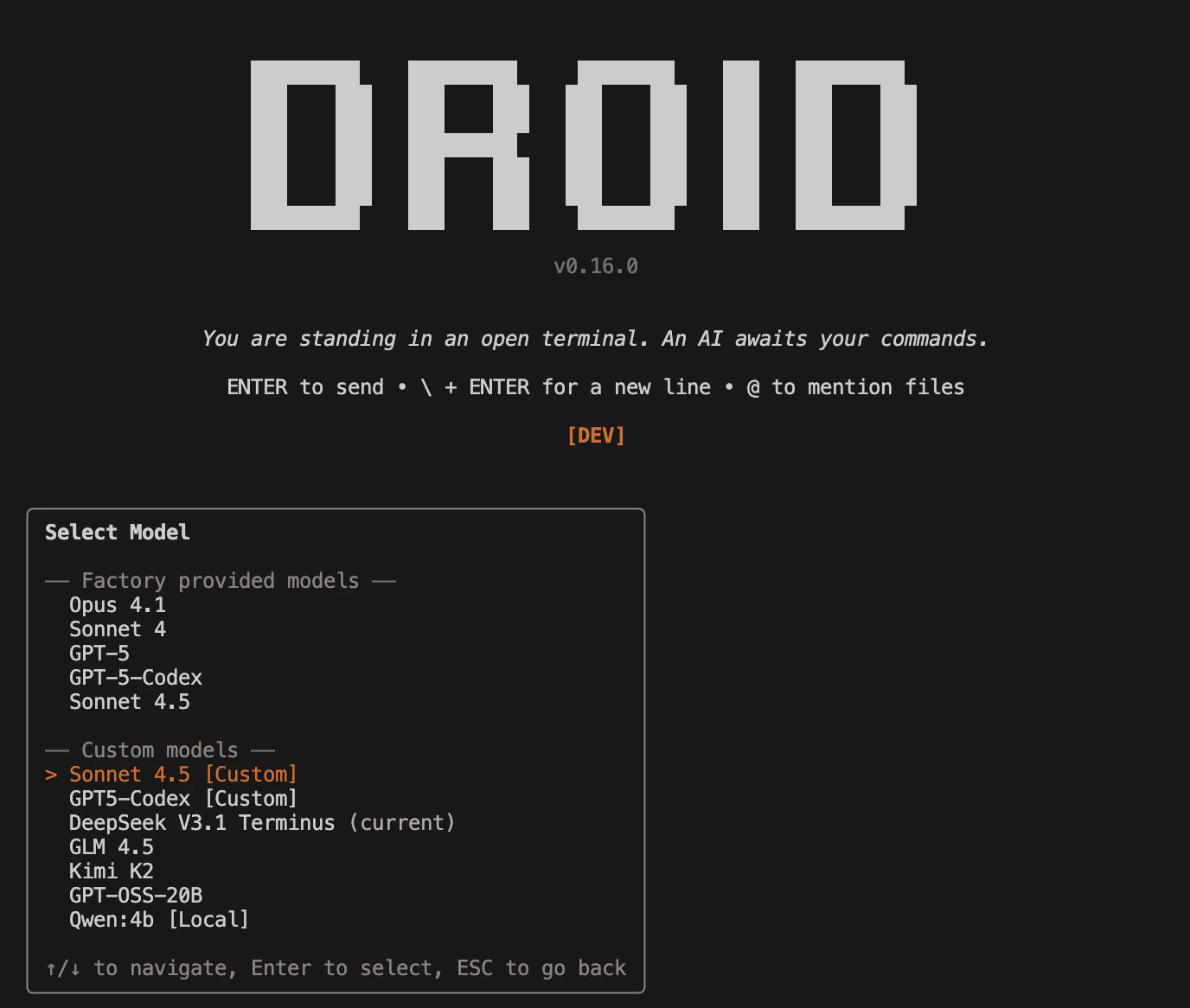 Model selector showing custom models