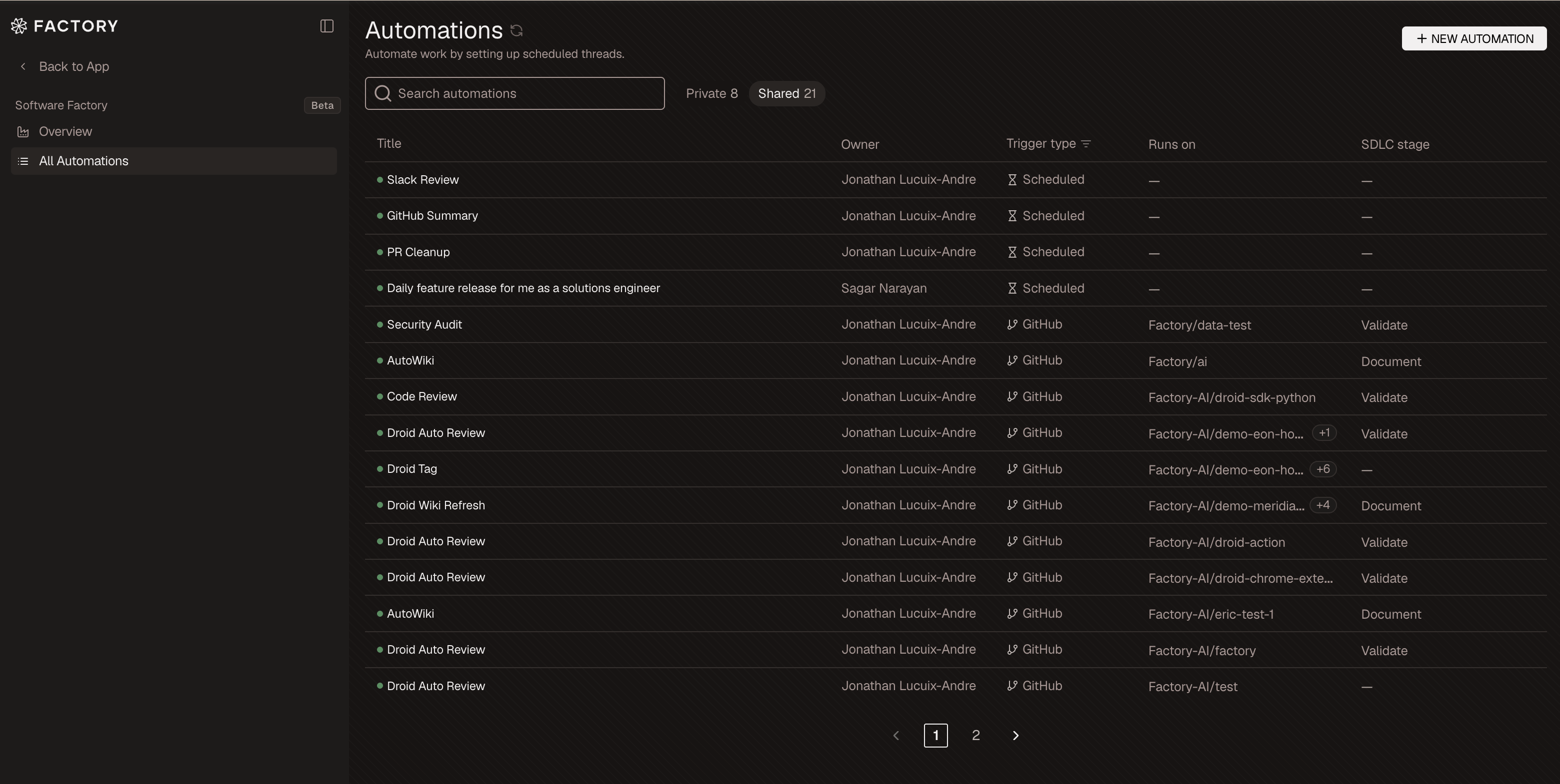 Automations list in the Factory App