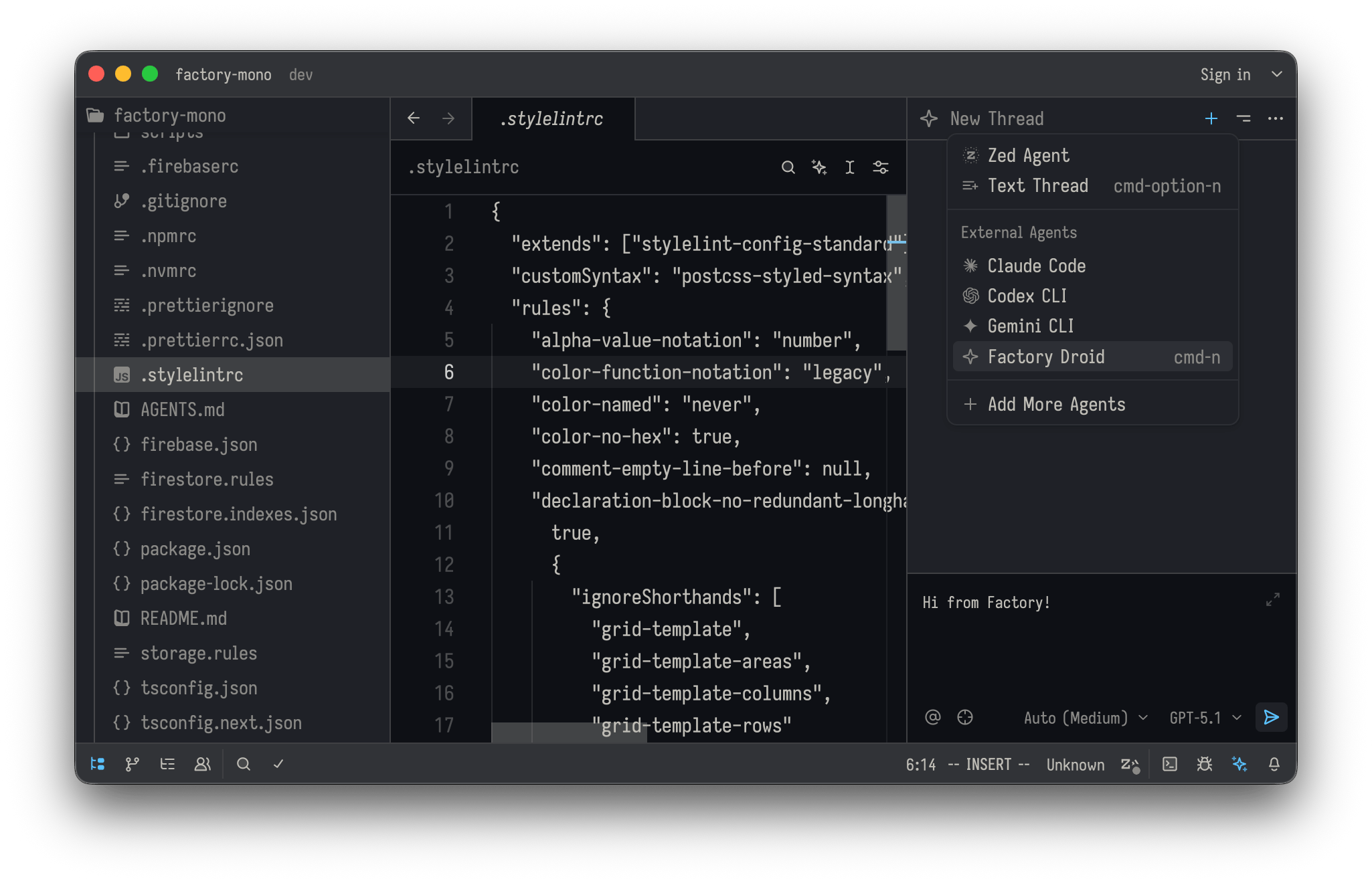 Zed Agent Panel with + button highlighted and Factory Droid selected in the agent dropdown