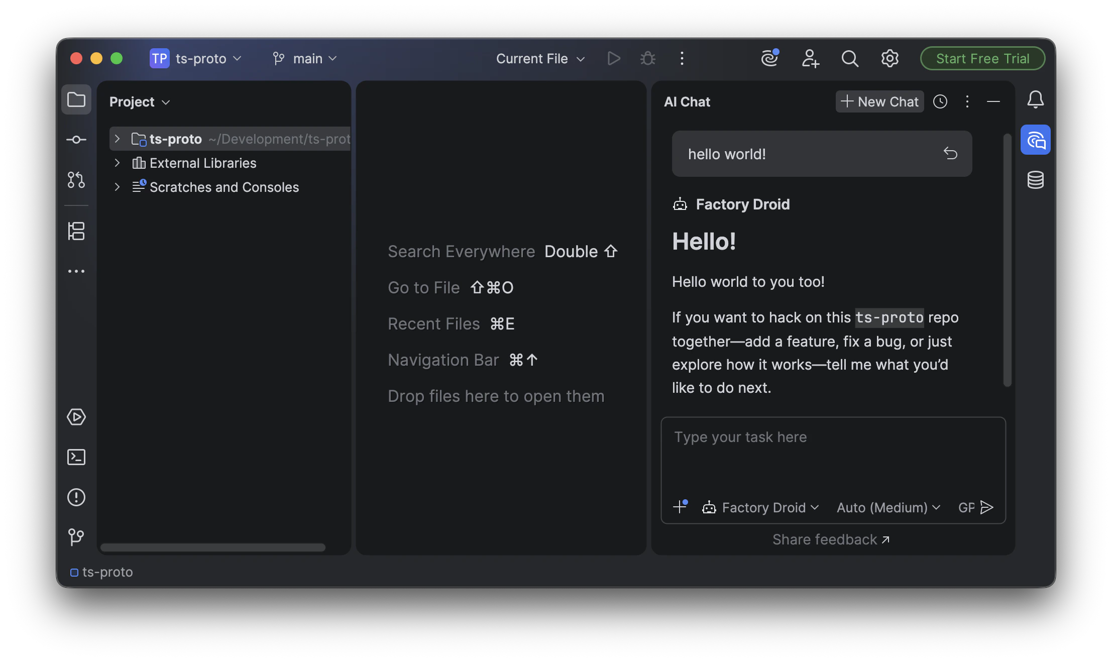 AI Chat panel with + New Chat clicked and Factory Droid selected in the bottom-left dropdown