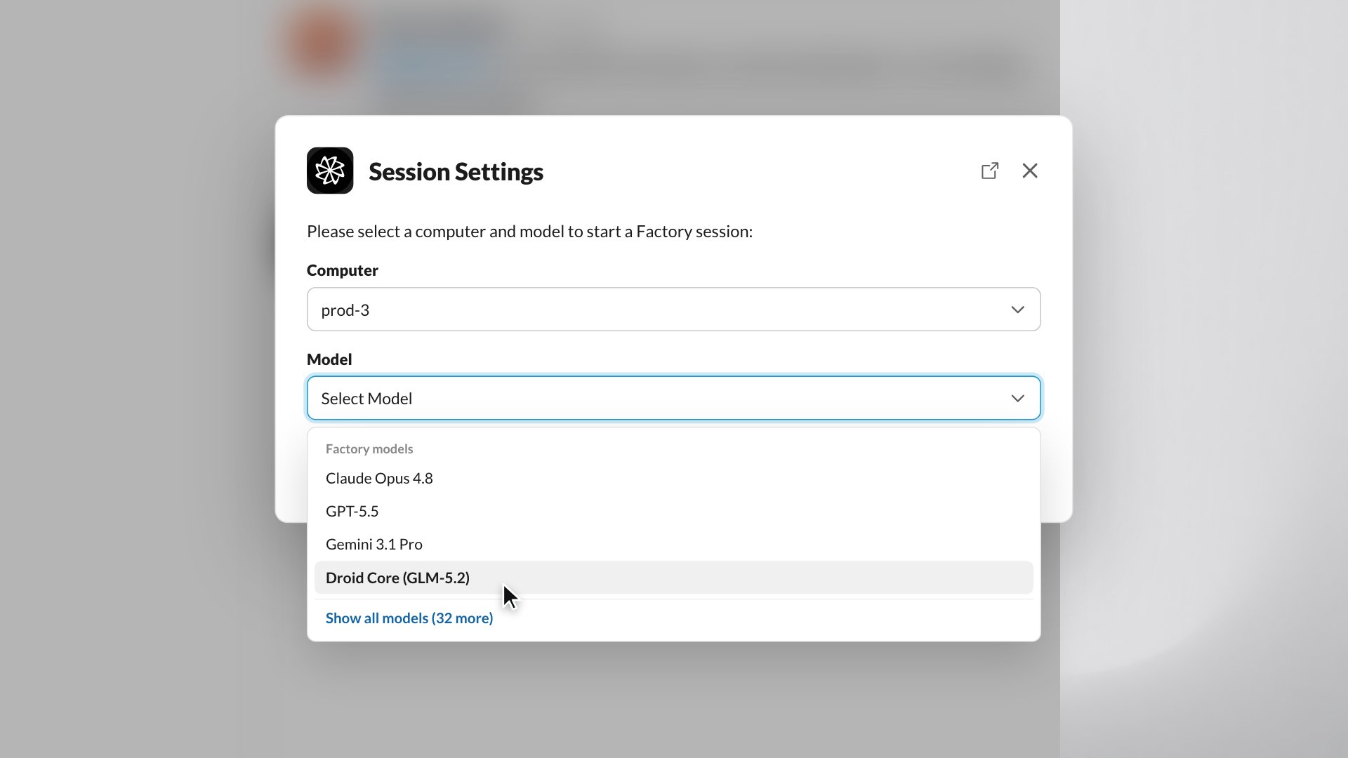 Factory models を表示しているモデルピッカー付きの Factory Session Settings ダイアログ