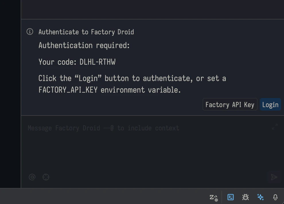 Zed authentication screen showing a device code and Login button