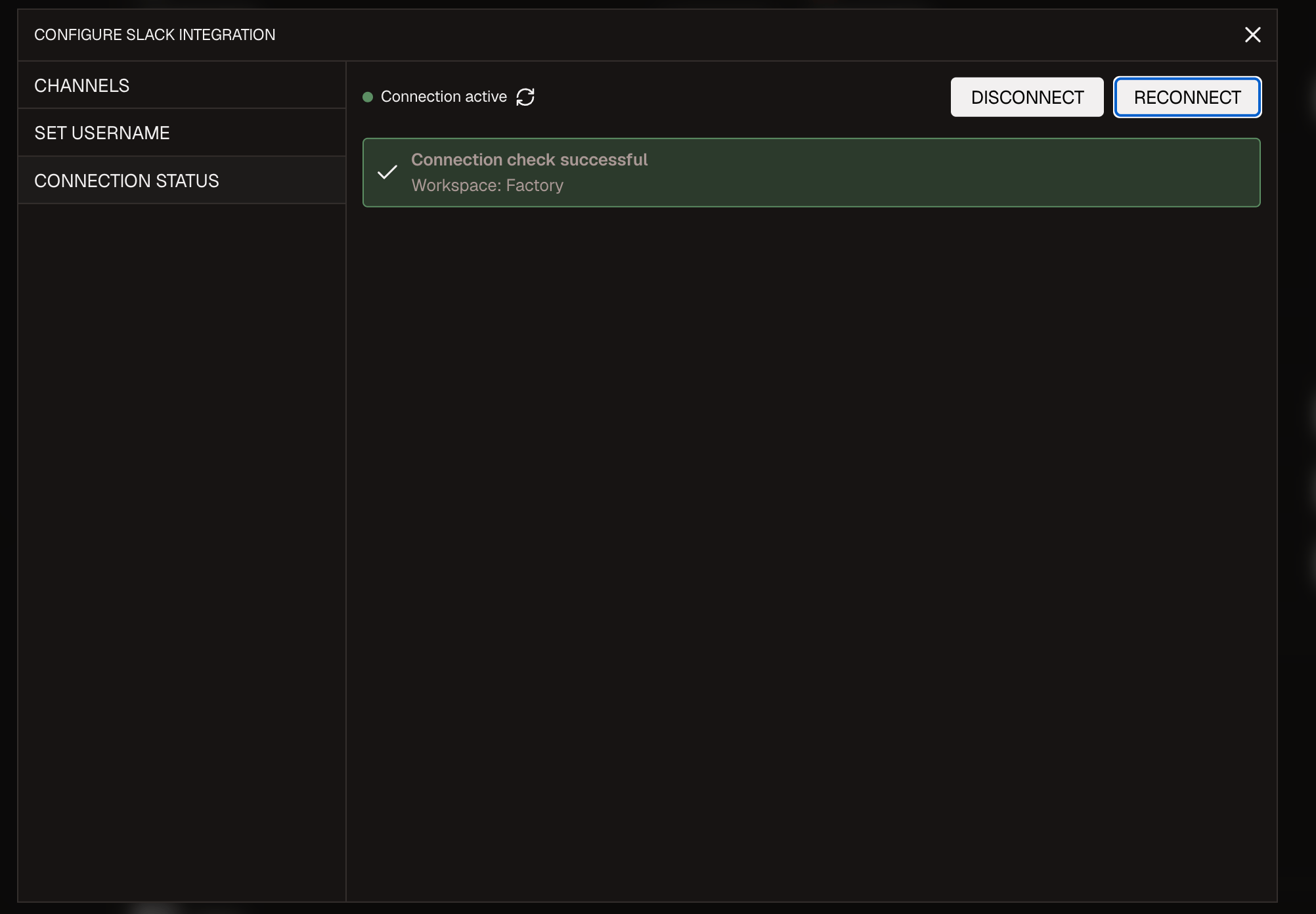 Reconnect ボタンを表示している Factory の Slack 連携詳細画面