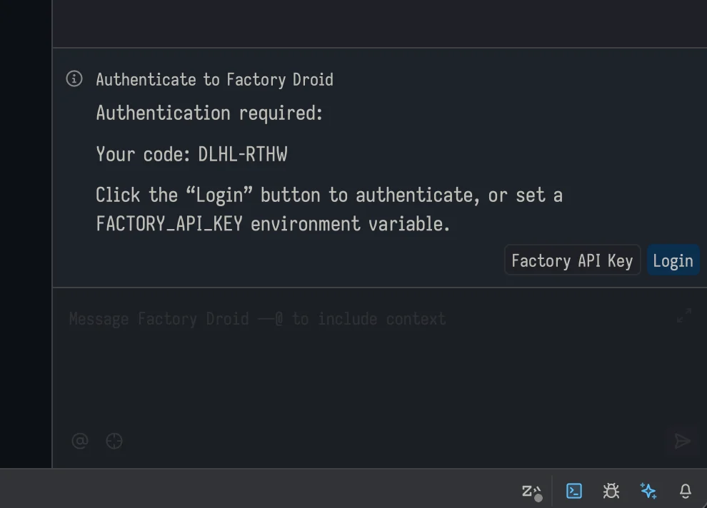 Zed authentication screen showing a device code and Login button