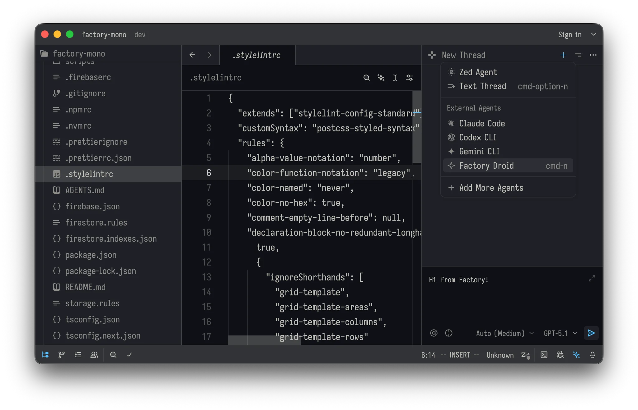 Zed Agent Panel with + button highlighted and Factory Droid selected in the agent dropdown