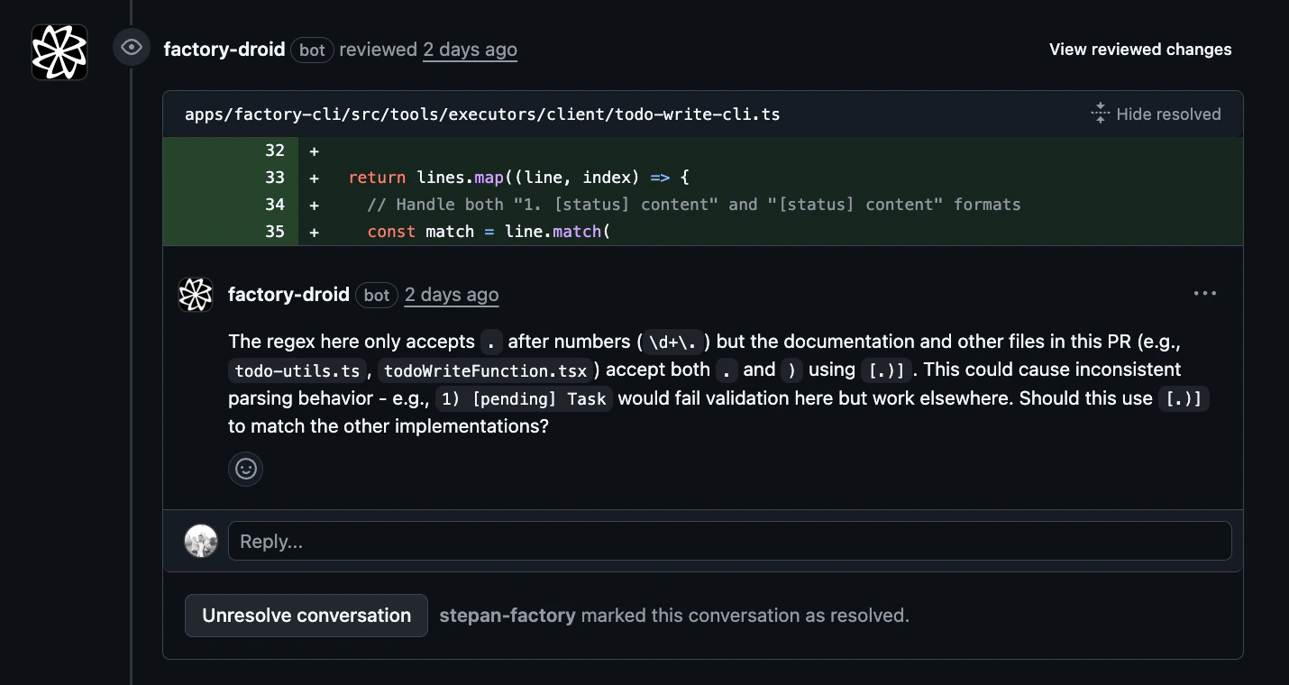 Factory Droid bot posting inline code review comment on specific lines