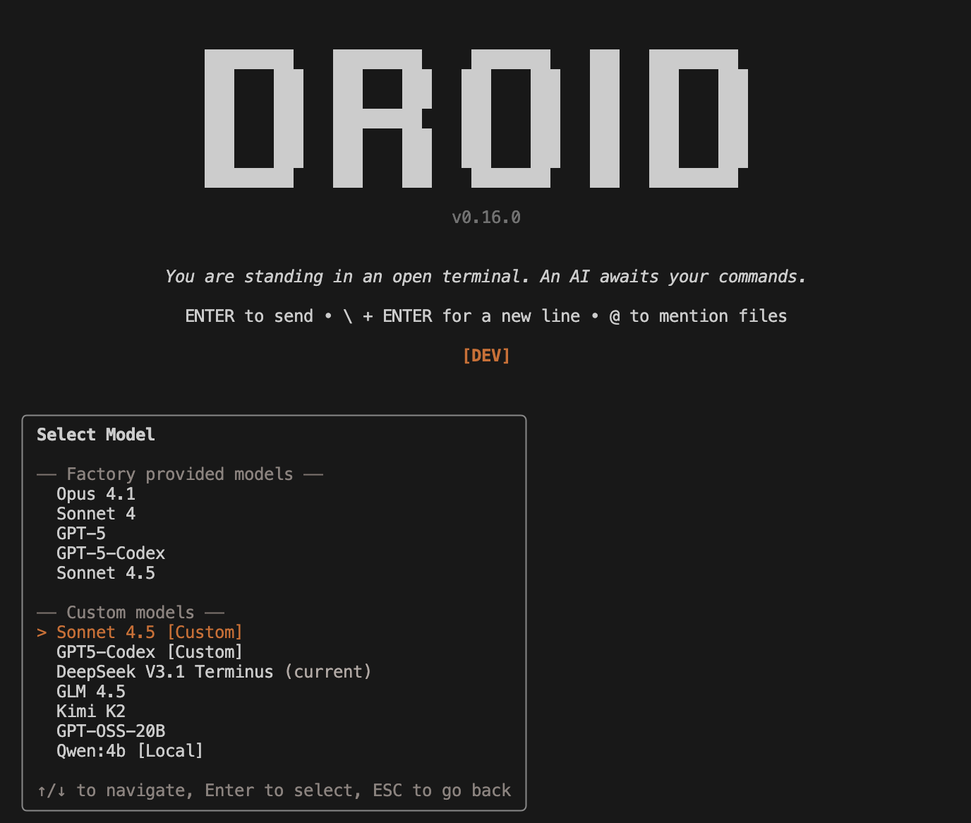 Model selector showing custom models