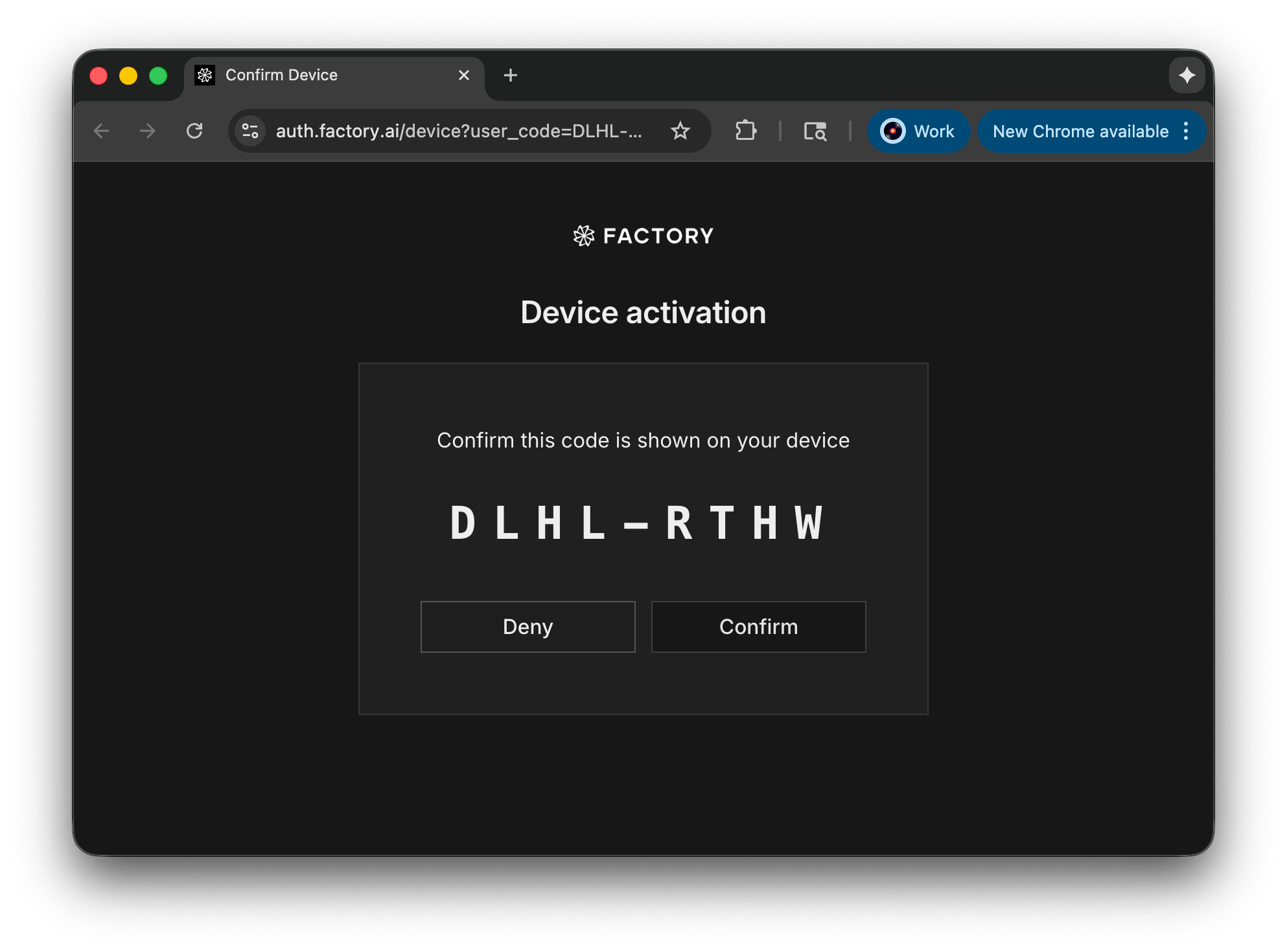 Factory web authentication screen prompting for device code confirmation
