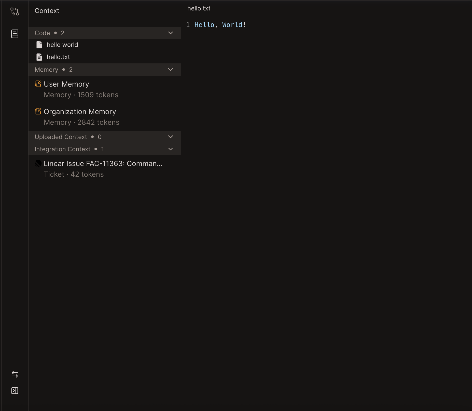 Factory Context Panel showing various context types