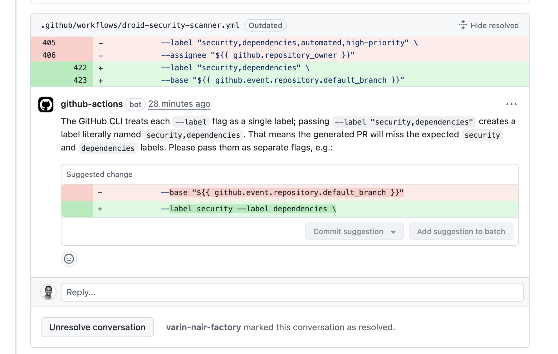 Droid Exec posting inline comments on PR with detected issues