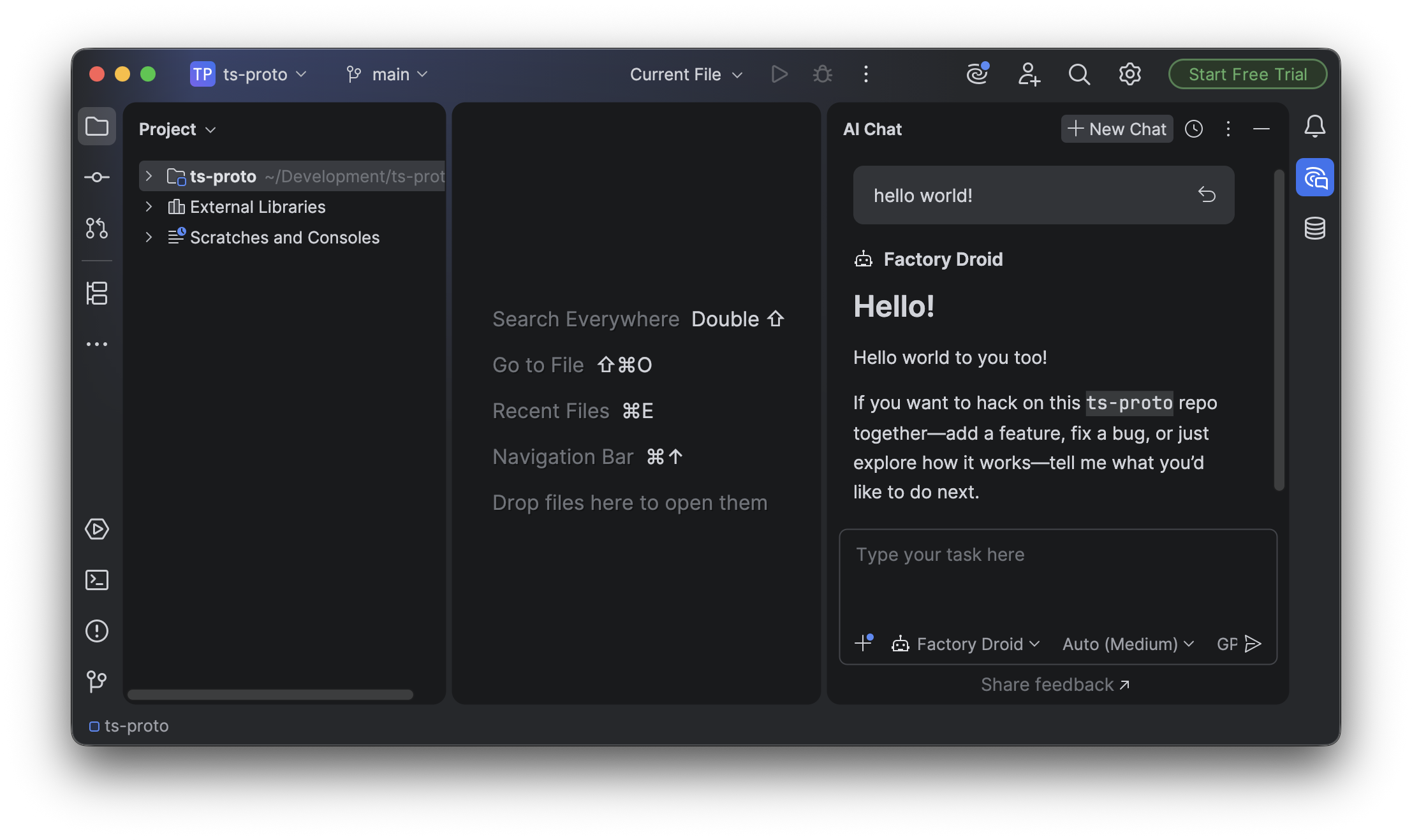 AI Chat panel with + New Chat clicked and Factory Droid selected in the bottom-left dropdown