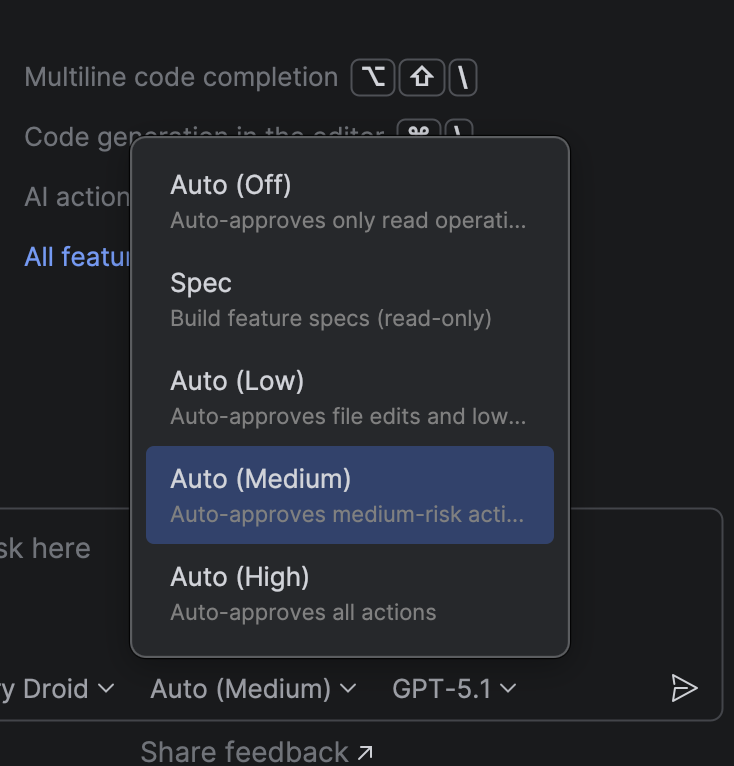 AI Chat footer showing autonomy dropdown expanded