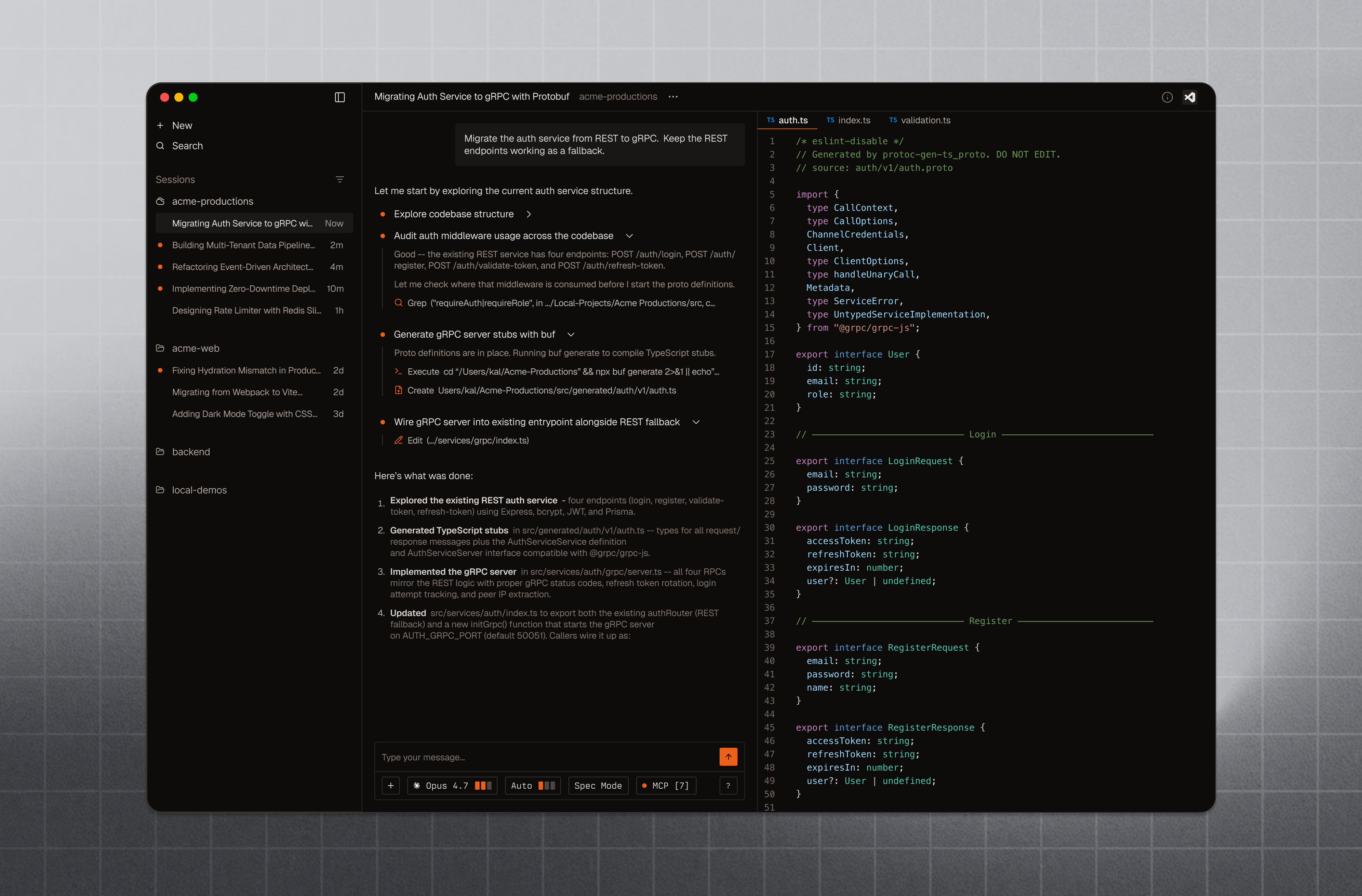 Factory Desktop App with Droid sessions, chat, and code editor